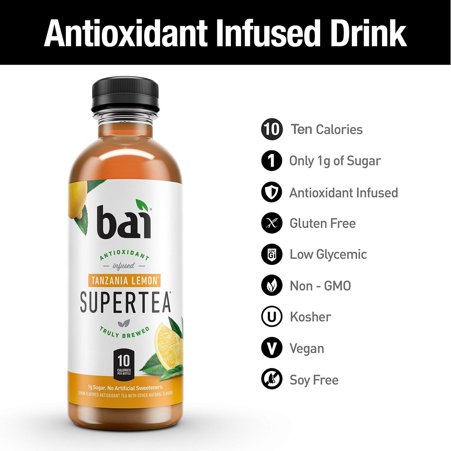 Bai Iced Tea, Antioxidant Infused Supertea, Tanzania Lemon, 18 Fl Oz Bottles, Pack of 12