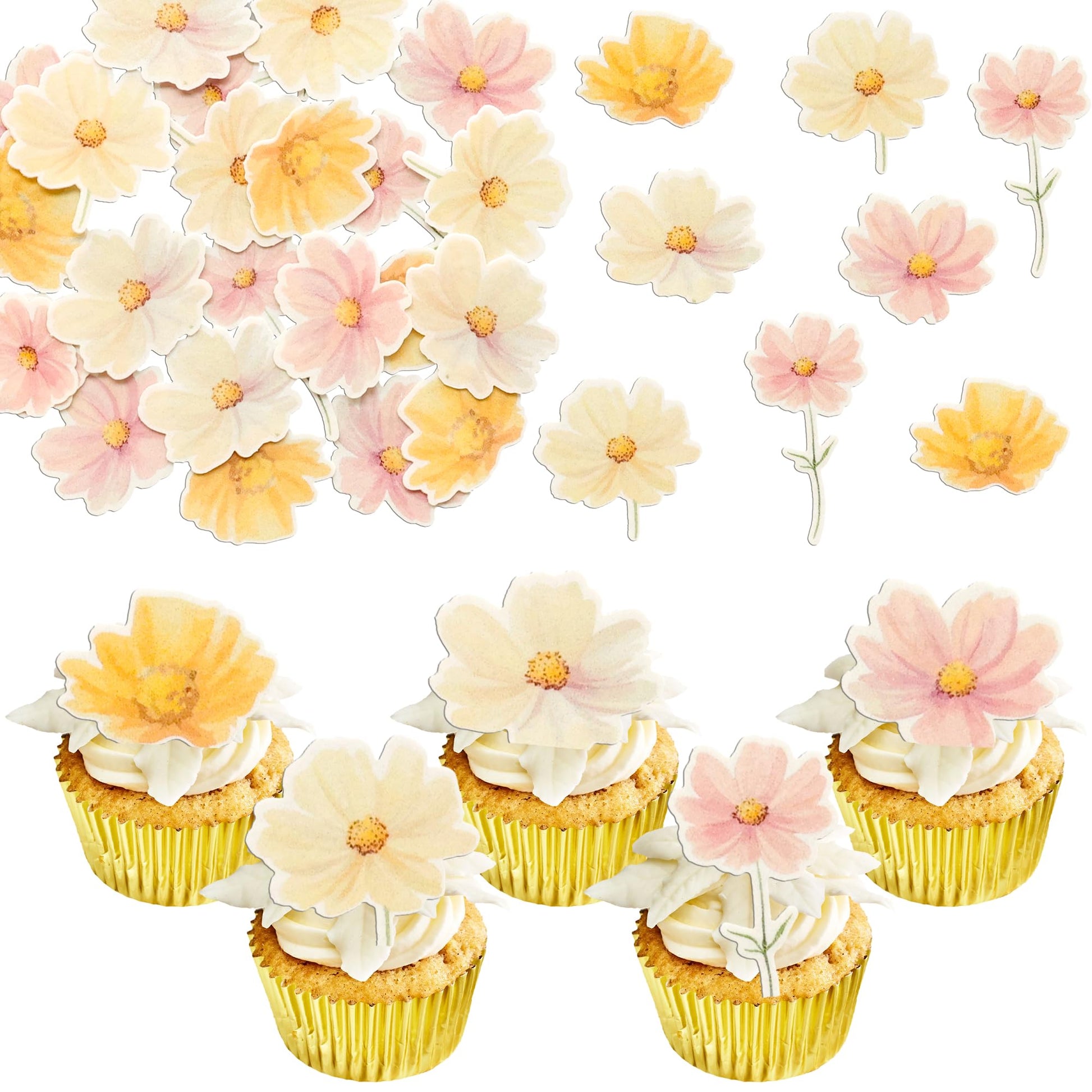 Ephlyn 50Pcs Edible Flower Cupcake Toppers Wafer Paper Spring Bridal Engagement Baby Shower Birthday Party Cupcake Picks Anniver