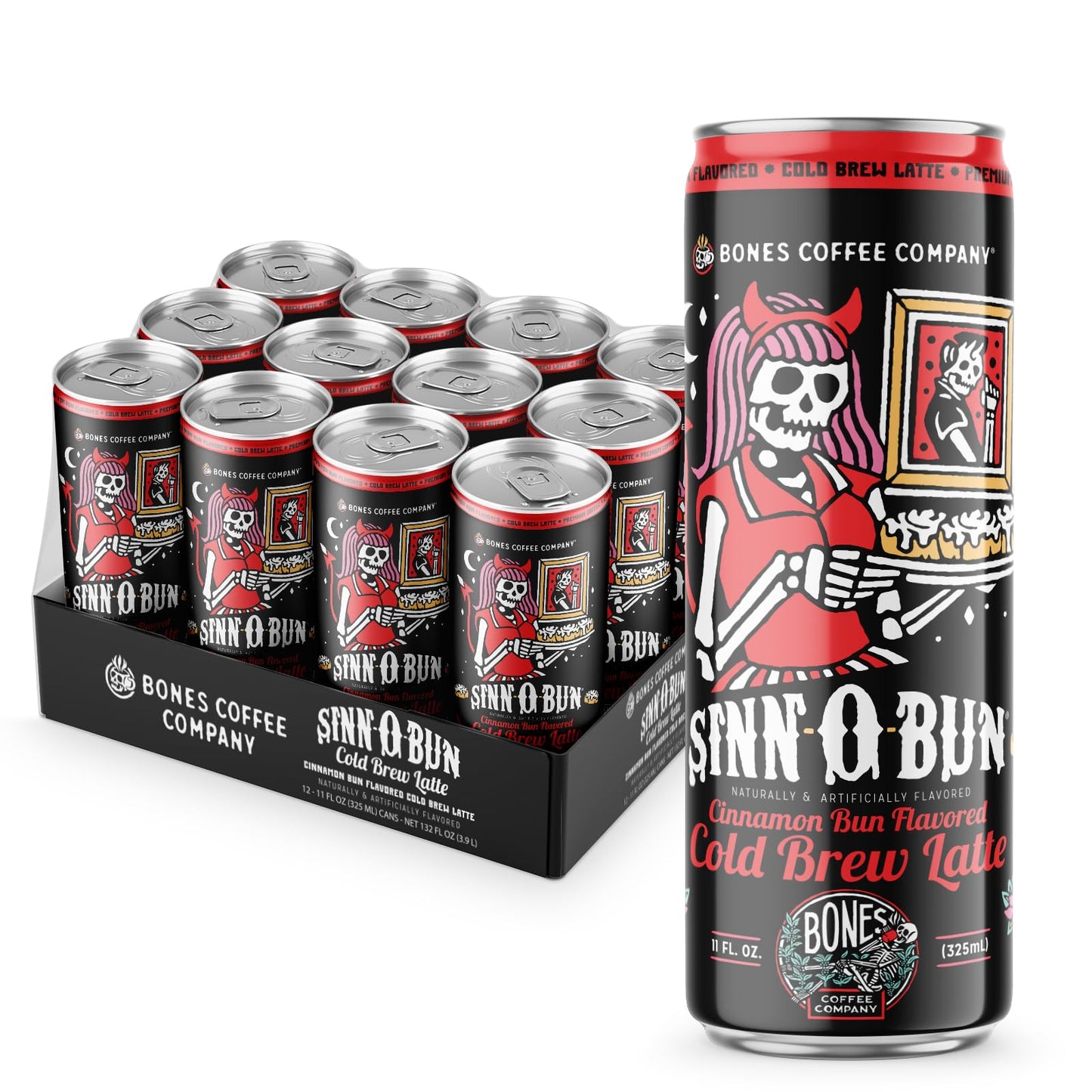 Bones Coffee Company Sinn 'O' Bunn Cinnamon Rolls Flavored Cold Brew Latte, Medium Roast Iced Coffee in Can,Ready to Drink, 11 F