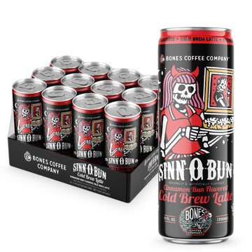 Bones Coffee Company Sinn 'O' Bunn Cinnamon Rolls Flavored Cold Brew Latte, Medium Roast Iced Coffee in Can,Ready to Drink, 11 F