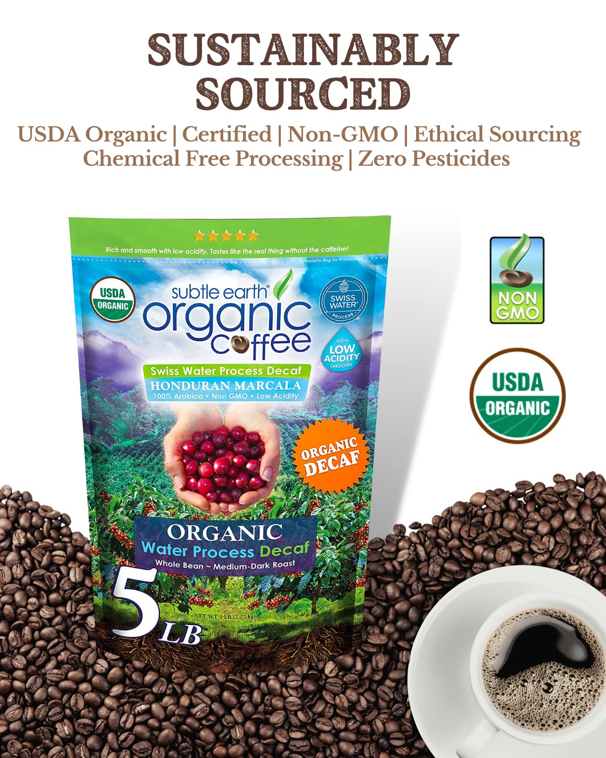 5LB Subtle Earth Organic Decaf - Swiss Water Process Decaf - Medium Dark Roast - Whole Bean Coffee - Low Acidity - Organic Certi