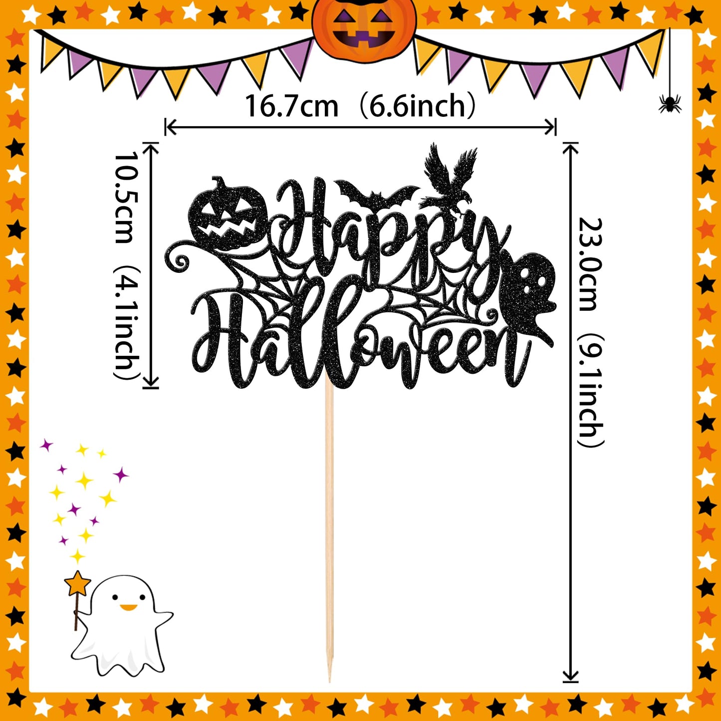 1 Pcs Happy Halloween Cake Topper Black Glitter Spider Web Pumpkin Bat Ghost Halloween Cake Pick Halloween Cake Decoration For H