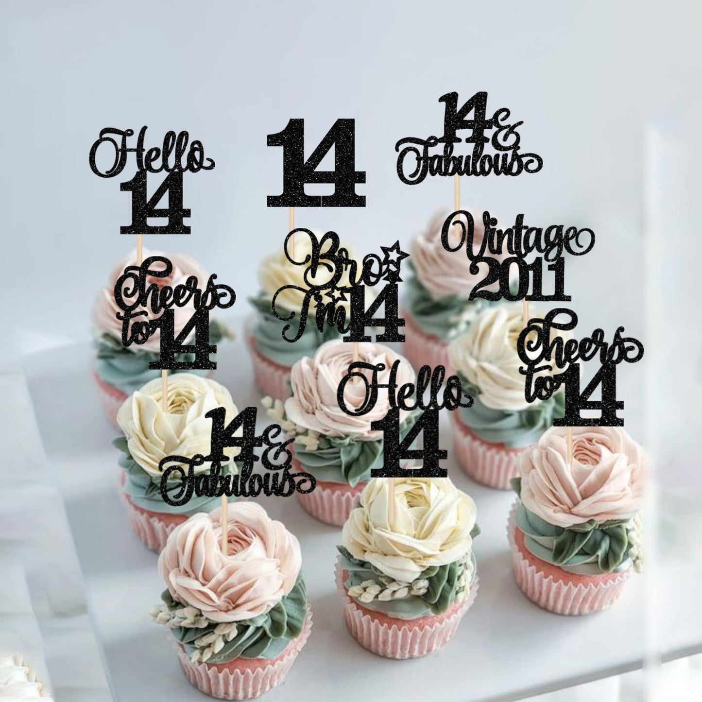 Rssta i Cupcake Toppers 24 Pack Glitter Black for 14th Birthday Wedding Anniversary Party Decorations