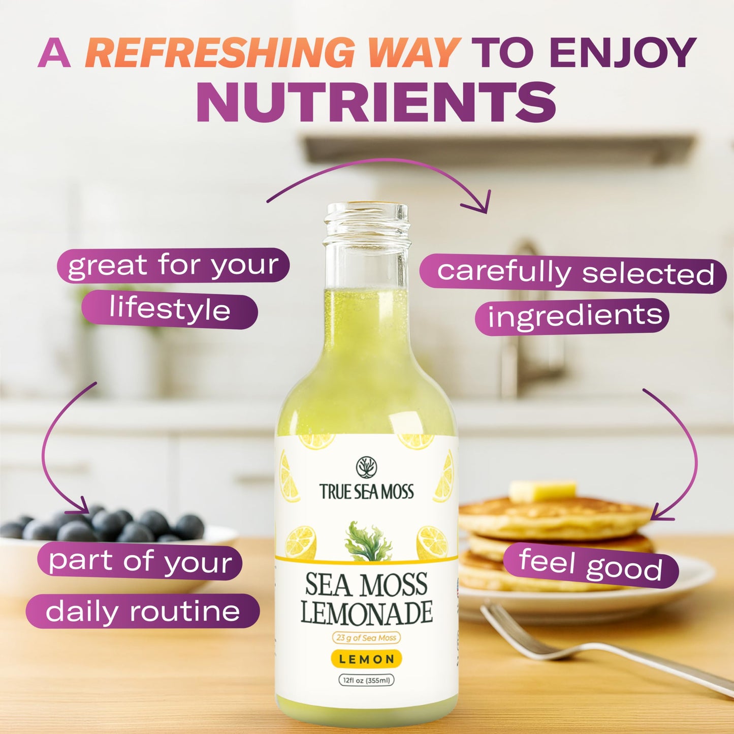 True Sea Moss Lemonade Variety Pack - 4 Flavors (Lemon  Mango  Berry  Pina Colada) - Mix of Classic & Electrolyte Formulas - 4 ? 12 fl oz - Made in USA