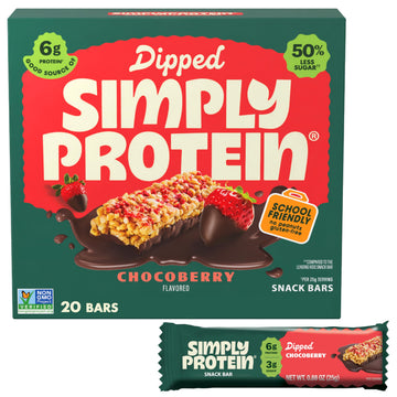 Simply Protein - Chocoberry Dipped Bars  20 Count - Plant Based Protein Snack Bars - Snacks for Kids - 6g Protein  3g Sugar  & 100 Calories - Vegan  Gluten Free  Non GMO  & Kosher - 4 Boxes