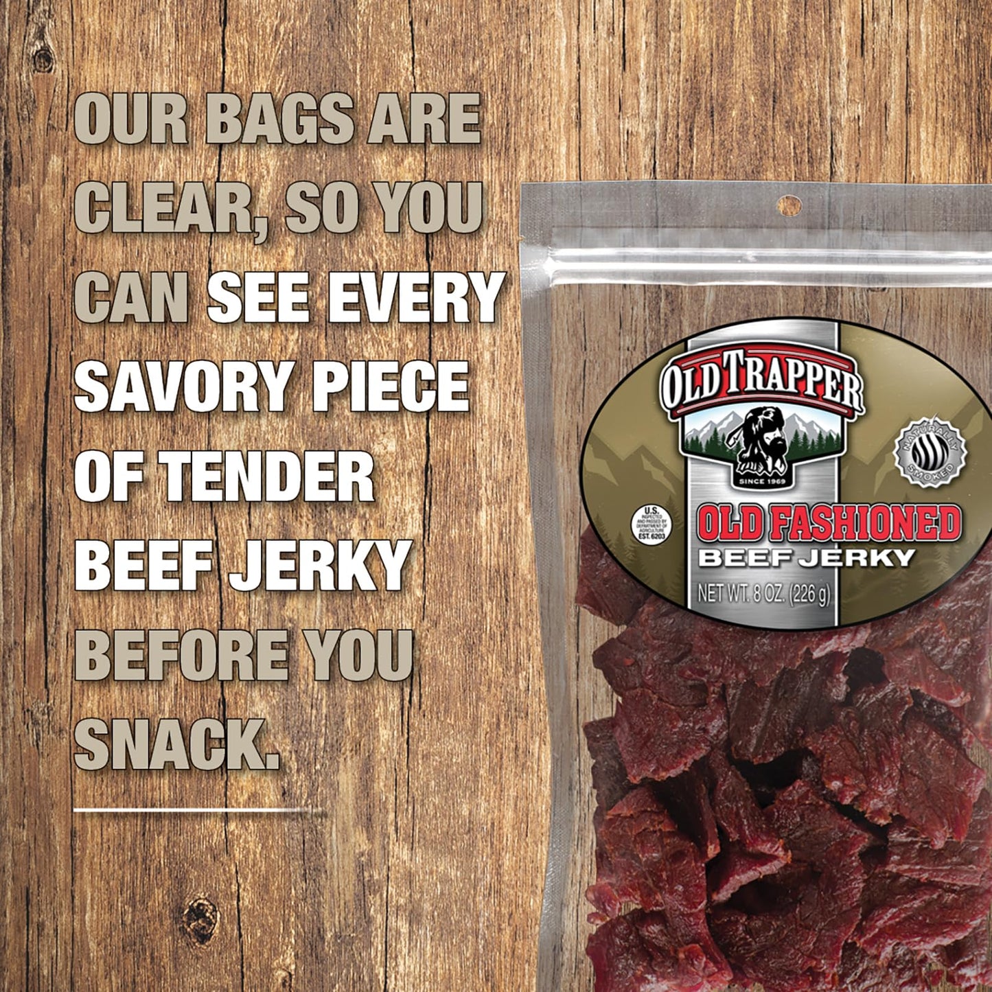 Old Trapper Beef Jerky, Old-Fashioned 8-Ounce Bag, Tender Meat Snacks For Lunches Or Between Meals, 11 Grams Of Protein, Zero Gr