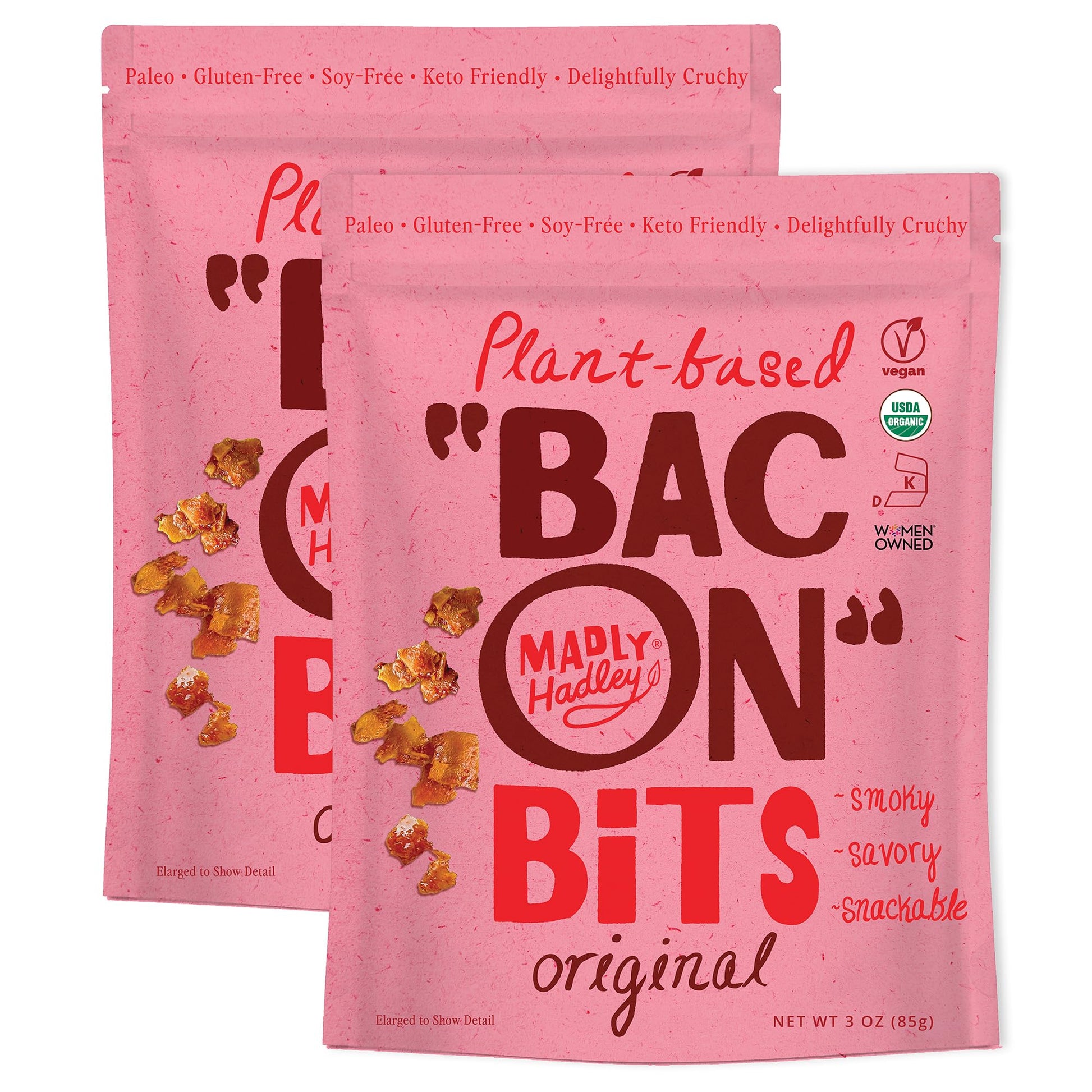 Madly Hadley Plant-Based Bacon Bits, Organic Vegan Snack, Gluten & Soy Free, 2 Packs of 3oz, Original Flavor