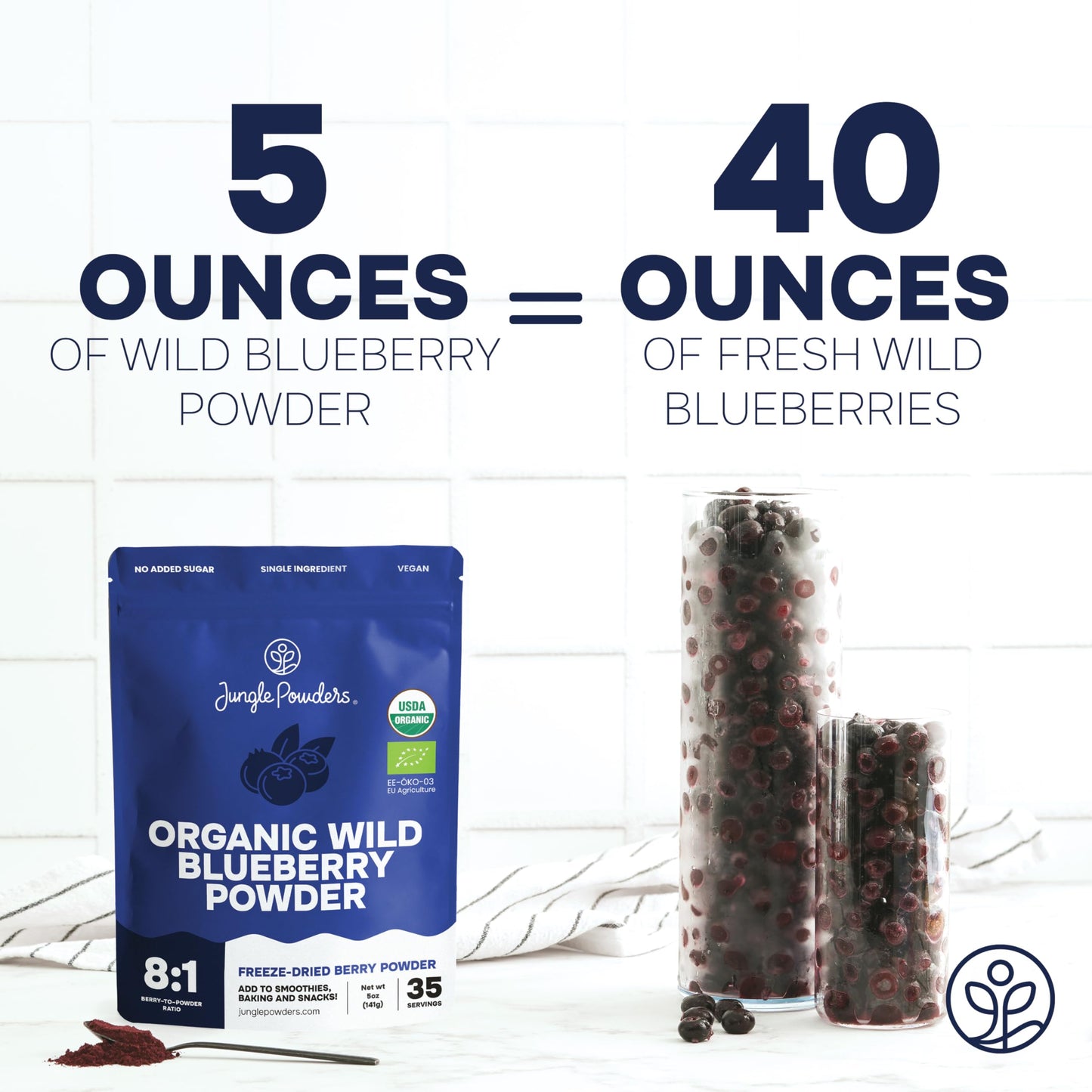 Jungle Powders Wild Blueberry Powder Organic 5 Ounce Bag Usda Certified - Antioxidant Rich Smoothies Freeze Dried Blueberries Or