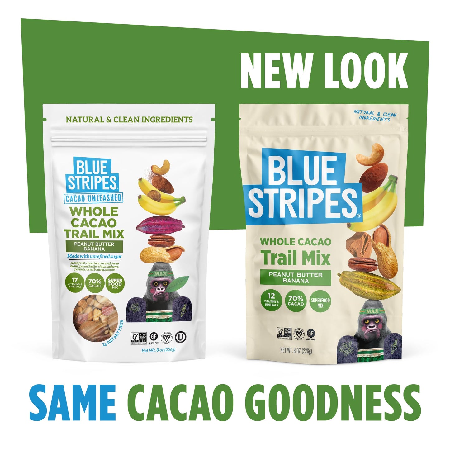 Blue Stripes - Trail Mix, Peanut Butter Banana, Cashews, Peanut Butter Chips, Healthy Snacks for Adults, Whole 70% Cacao, With U