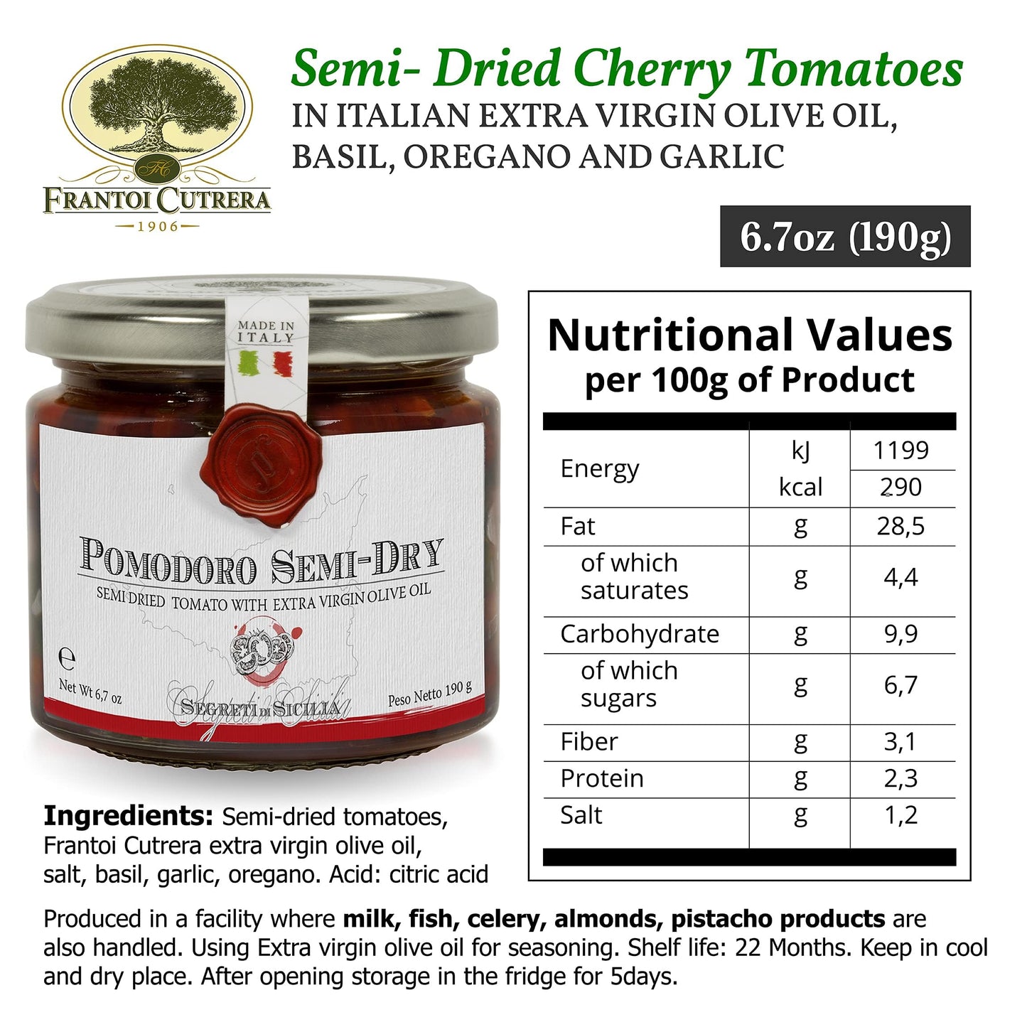 Frantoi Cutrera - Pomodorino Semi Secco - Semi-Dried Cherry Tomatoes In Extra Virgin Olive Oil, Product Of Italy, 6.7Oz