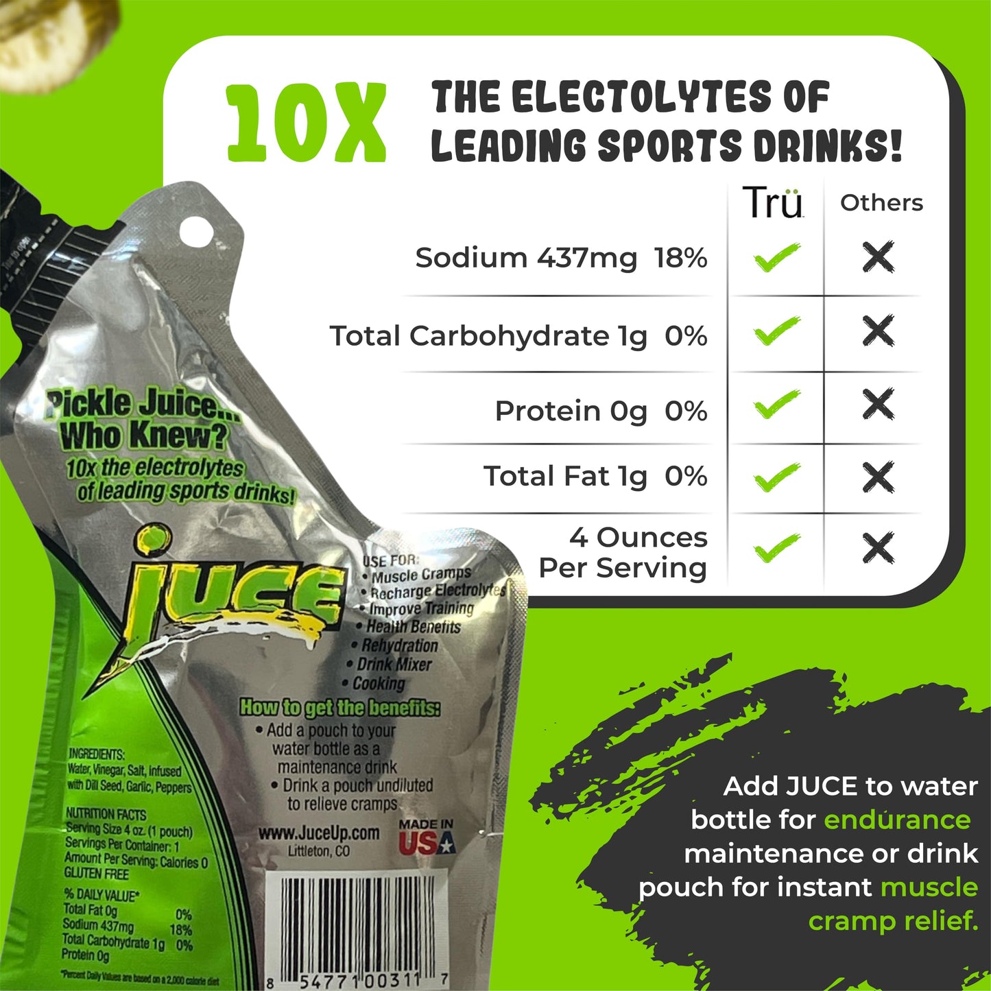 Juce Organic Pickle Juice Shot, 10X Electrolytes, Gluten Free, 4 Fl Oz Pouch (3 Pack)