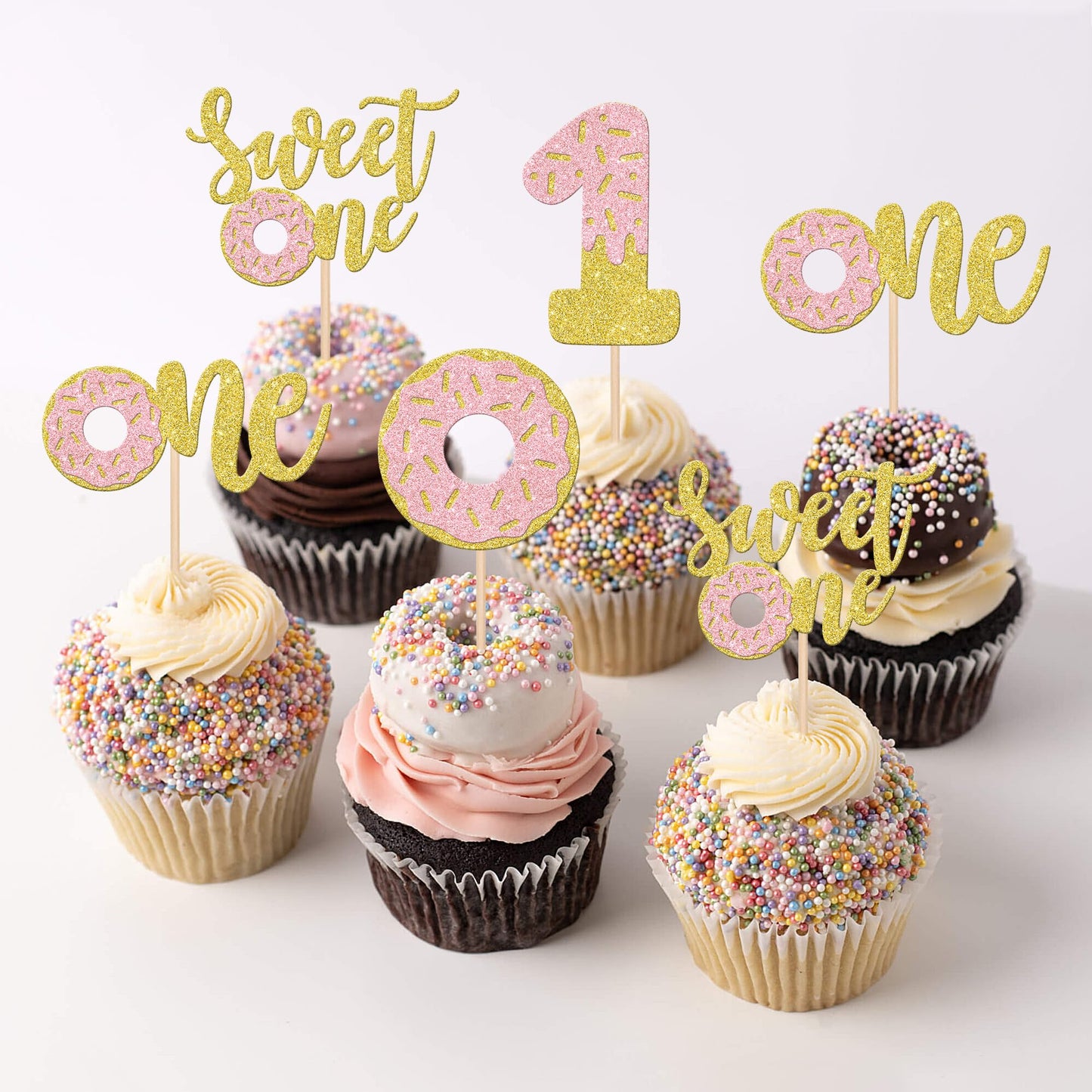 24 Pcs Donut One Cupcake Toppers Glitter Sweet One Donut Cupcake Picks Donut 1St Birthday Party Decorations For Sweet One Donut