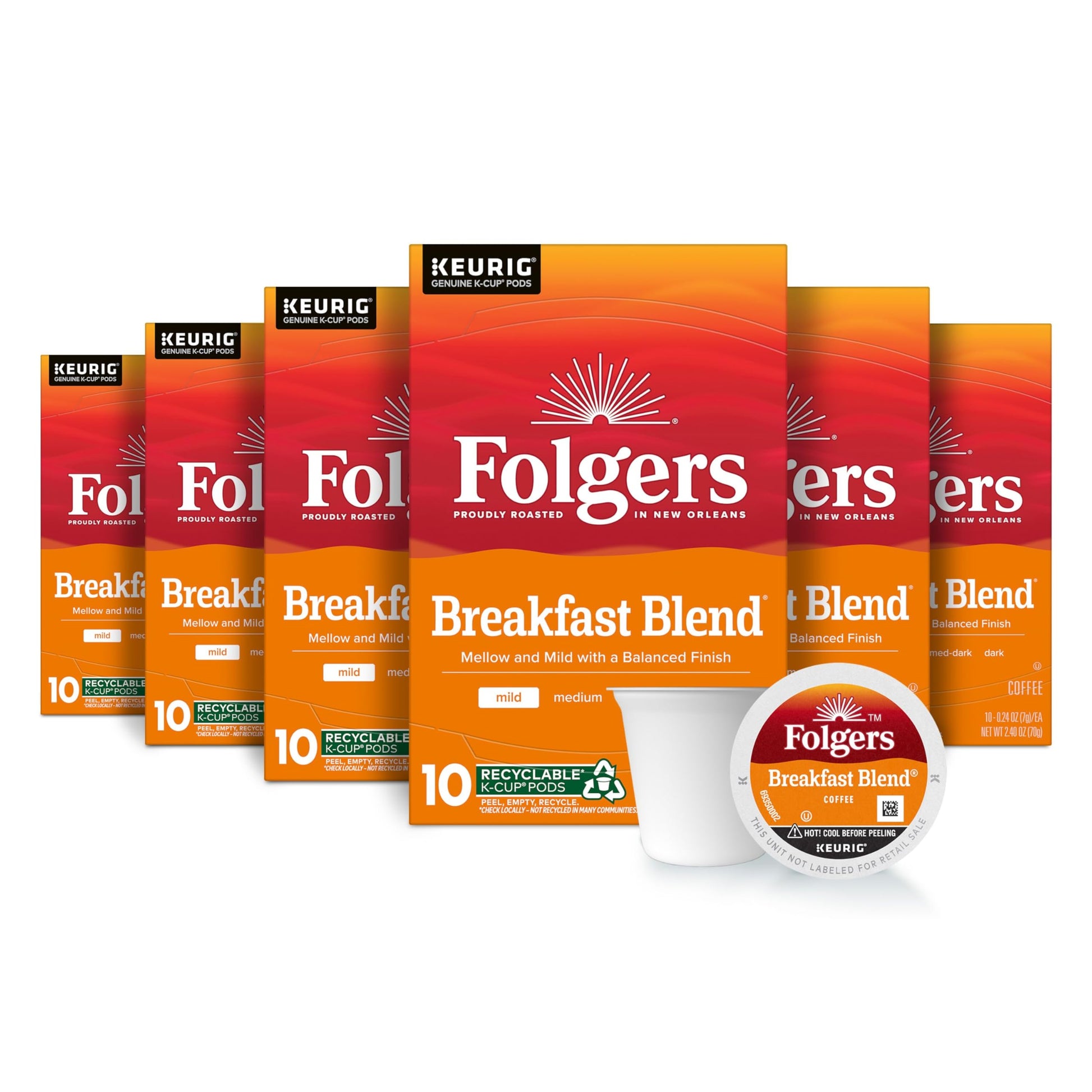 Folgers Breakfast Blend Coffee  Mild Roast  Keurig K-Cup Pods  10 Count (Pack of 6)