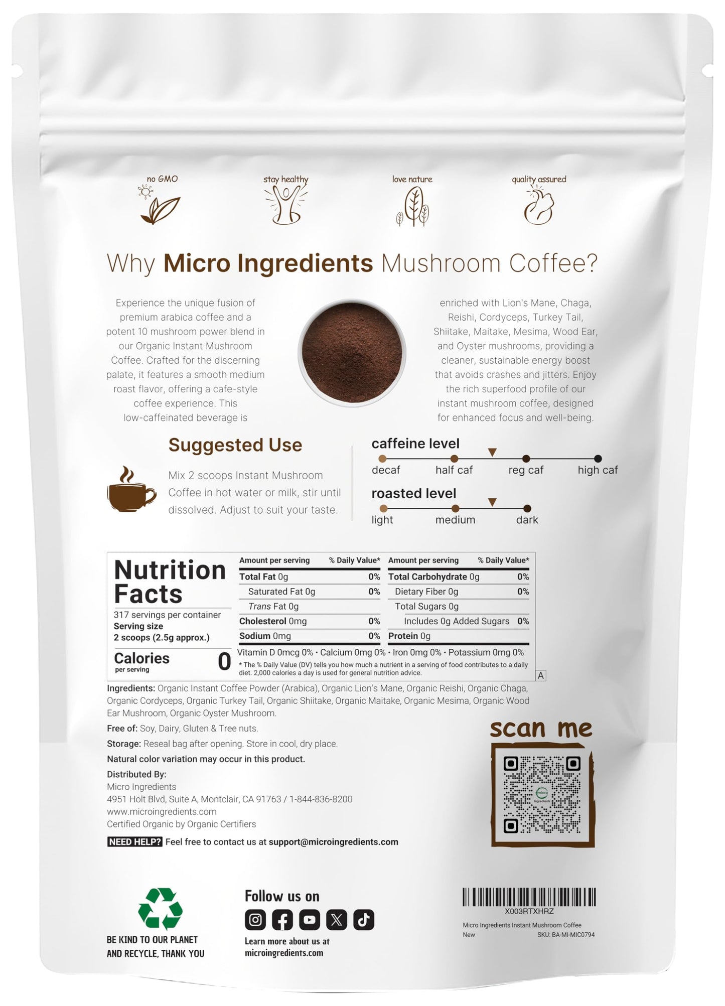 Micro Ingredients Organic Instant Mushroom Coffee Powder with Lion’s Mane, Chaga & Reishi, 28oz, Smooth Medium Roast, 317 Servings