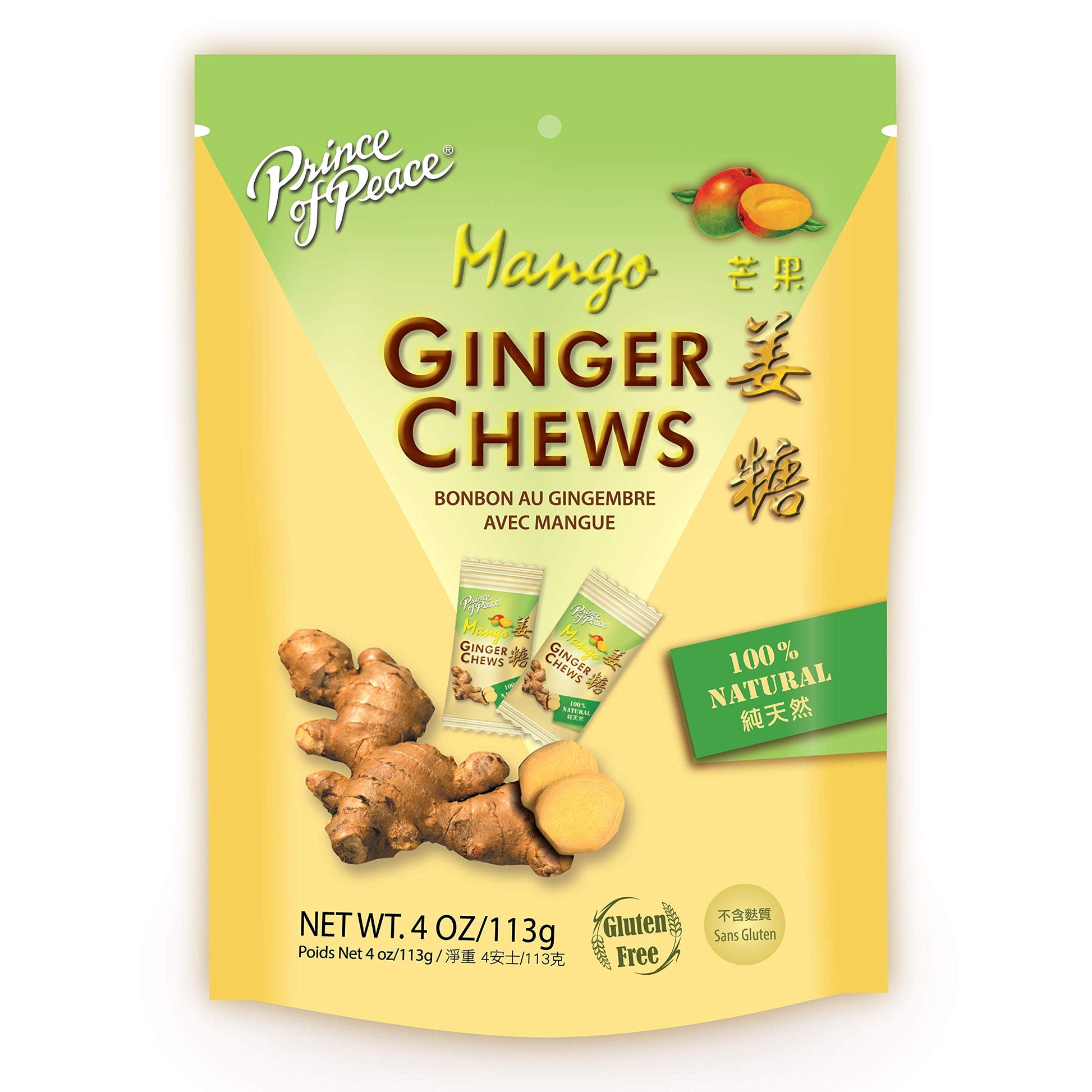Prince of Peace Ginger Chews With Mango, 4 oz. - Candied Ginger - Mango Candy - Mango Ginger Chews - Natural Candy - Ginger Cand