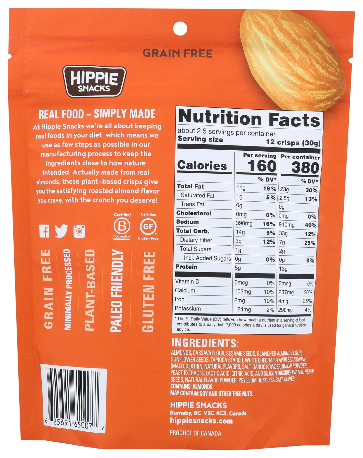 Hippie Snacks Cheezy Chive Almond Crisps 2.5 Oz