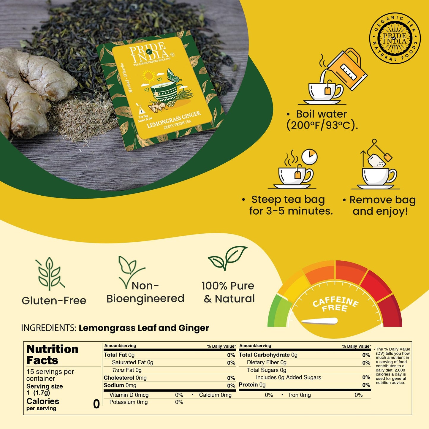 Pride Of India | Lemongrass Ginger Zesty Fresh Tea | 15 Pyramid Full Leaf Individually Wrapped Tea Bags | 100% Herbal Blend From Single Origin | Tangy & Spicy Flavor | Caffeine-Free