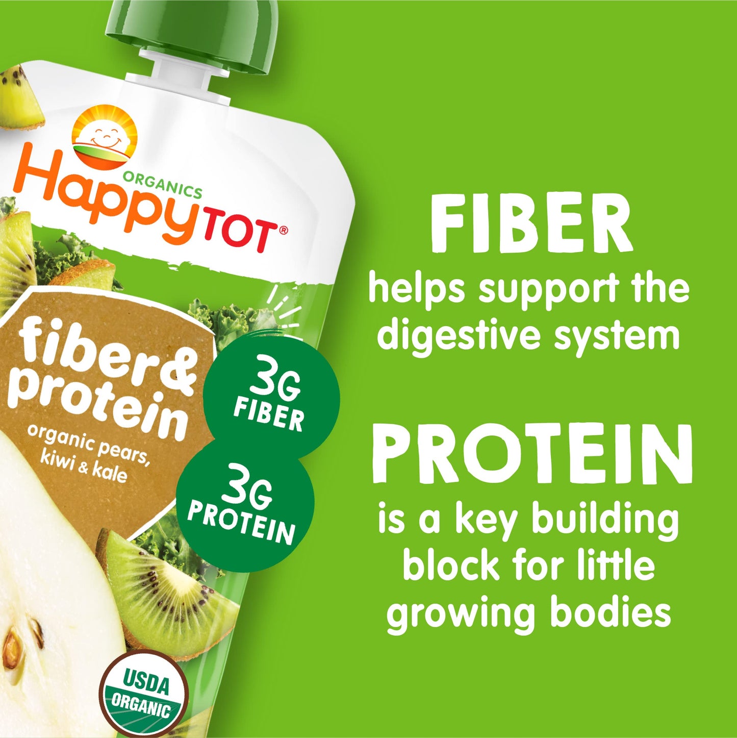 Happy Tot Organics Stage 4 Baby Food Pouches, Gluten Free, Vegan Snack, Fiber & Protein Fruit & Veggie Puree, Pears, Kiwi & Kale