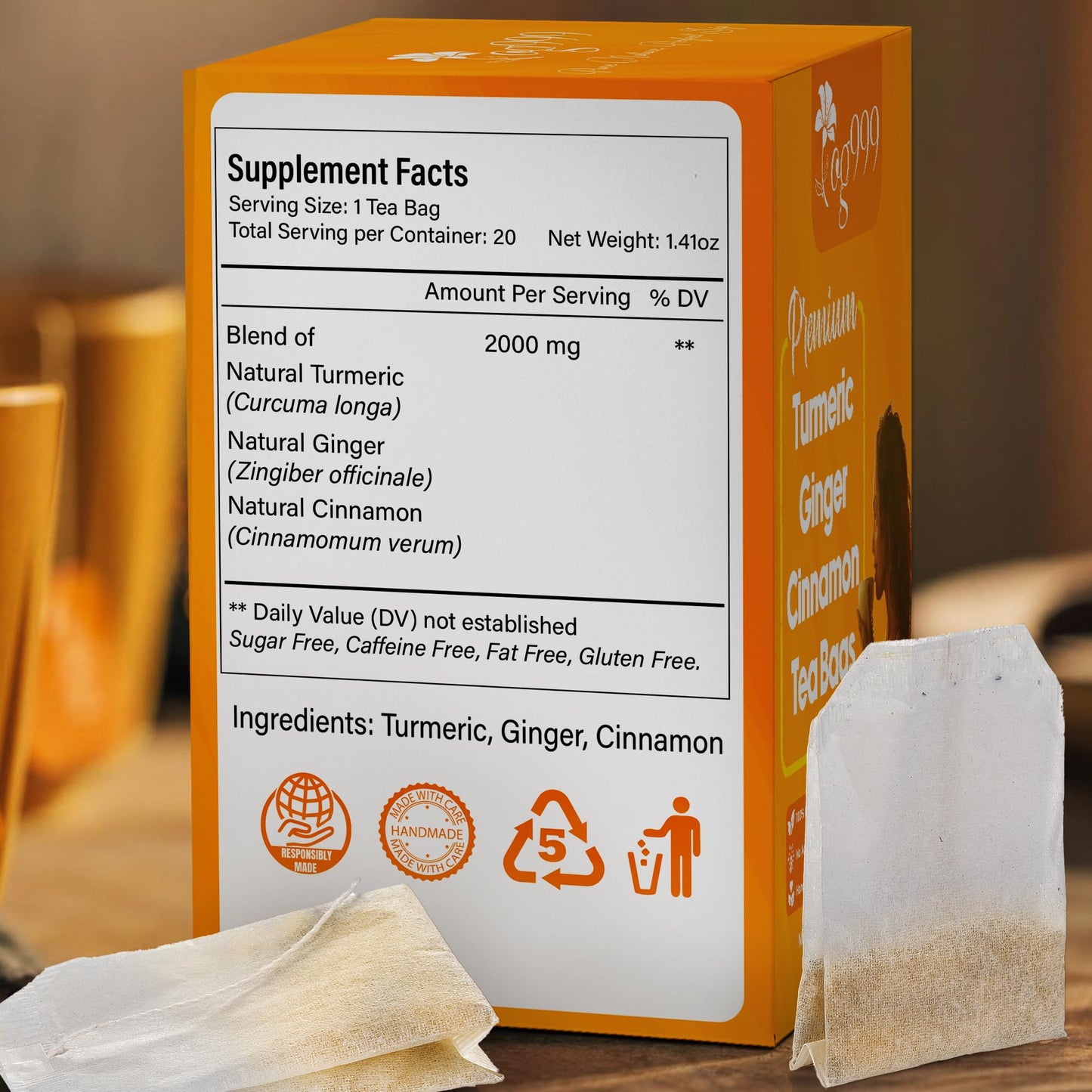 TOG999 Premium Herbal Tea Bags - Turmeric, Ginger, Cinnamon Blend, 100% Natural, Vegan - 20 Bags
