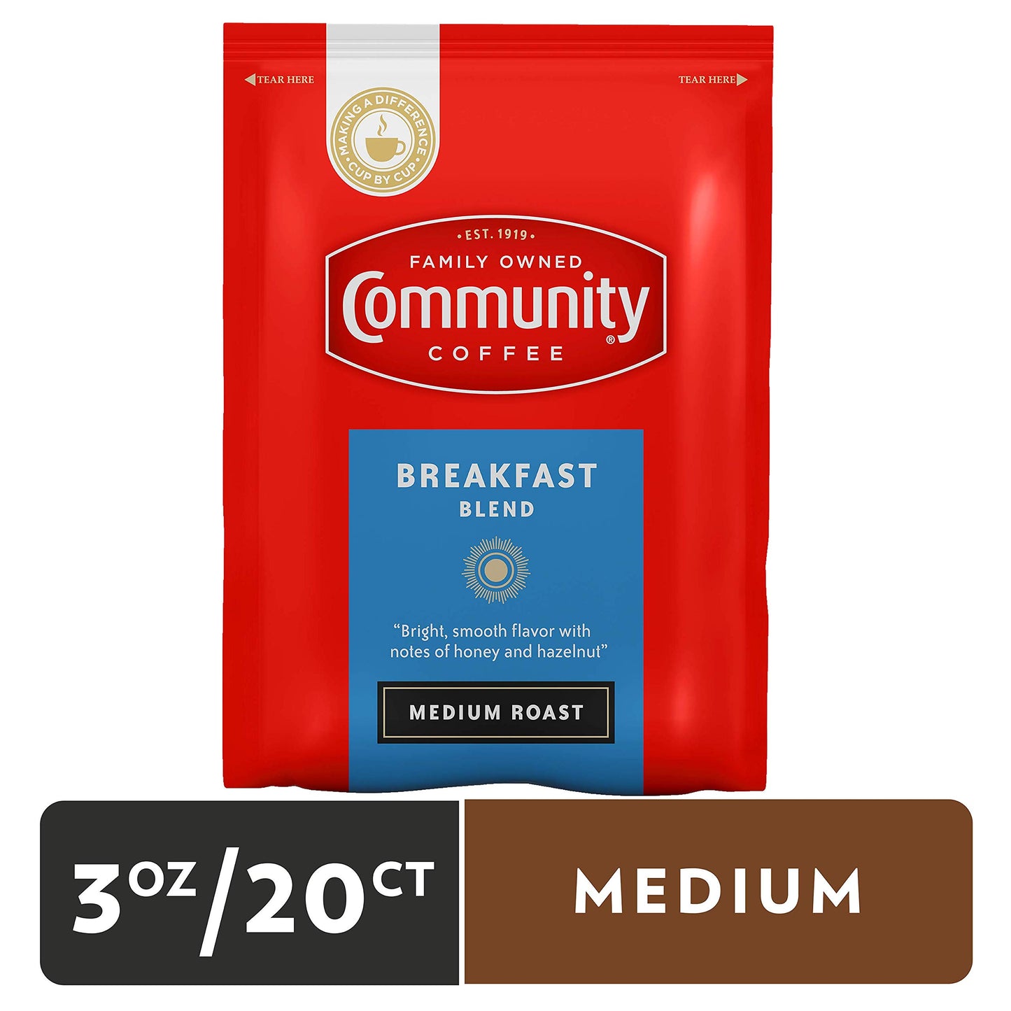 Community Coffee Breakfast Blend Medium Roast Coffee Packs, 3 Ounce Bag (Pack of 20)