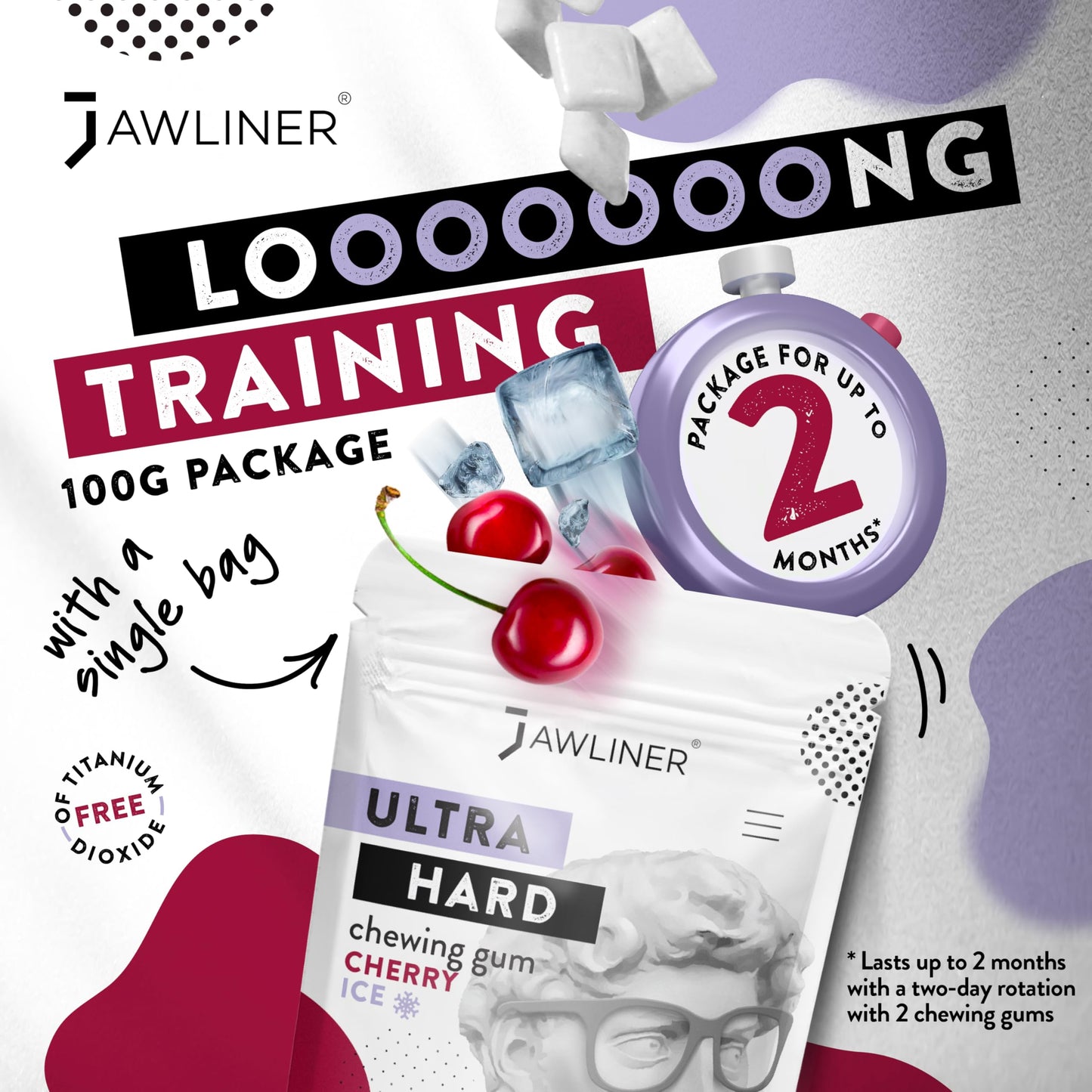 Jawliner® Jawline Gum - Sugar-Free Cherry Ice, 1 Count Pack, Handmade, 15x Harder, Includes 12 Weeks Coaching, Red and Green