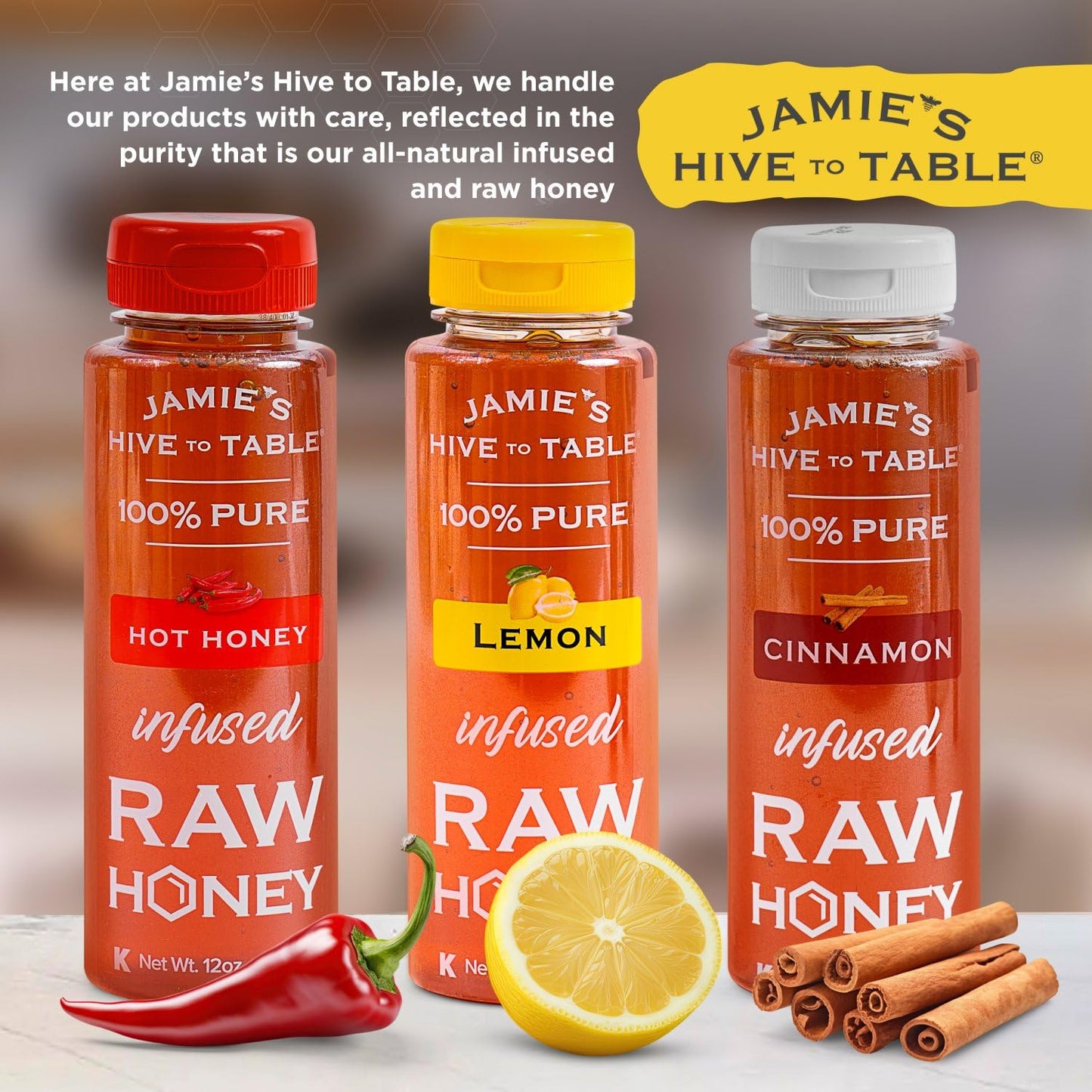 Jamie'S Hive To Table Infused Honey Gift Set - Hot, Lemon, And Cinnamon Flavors, 36 Oz, Pack Of 3 Squeeze Bottles - 100% America