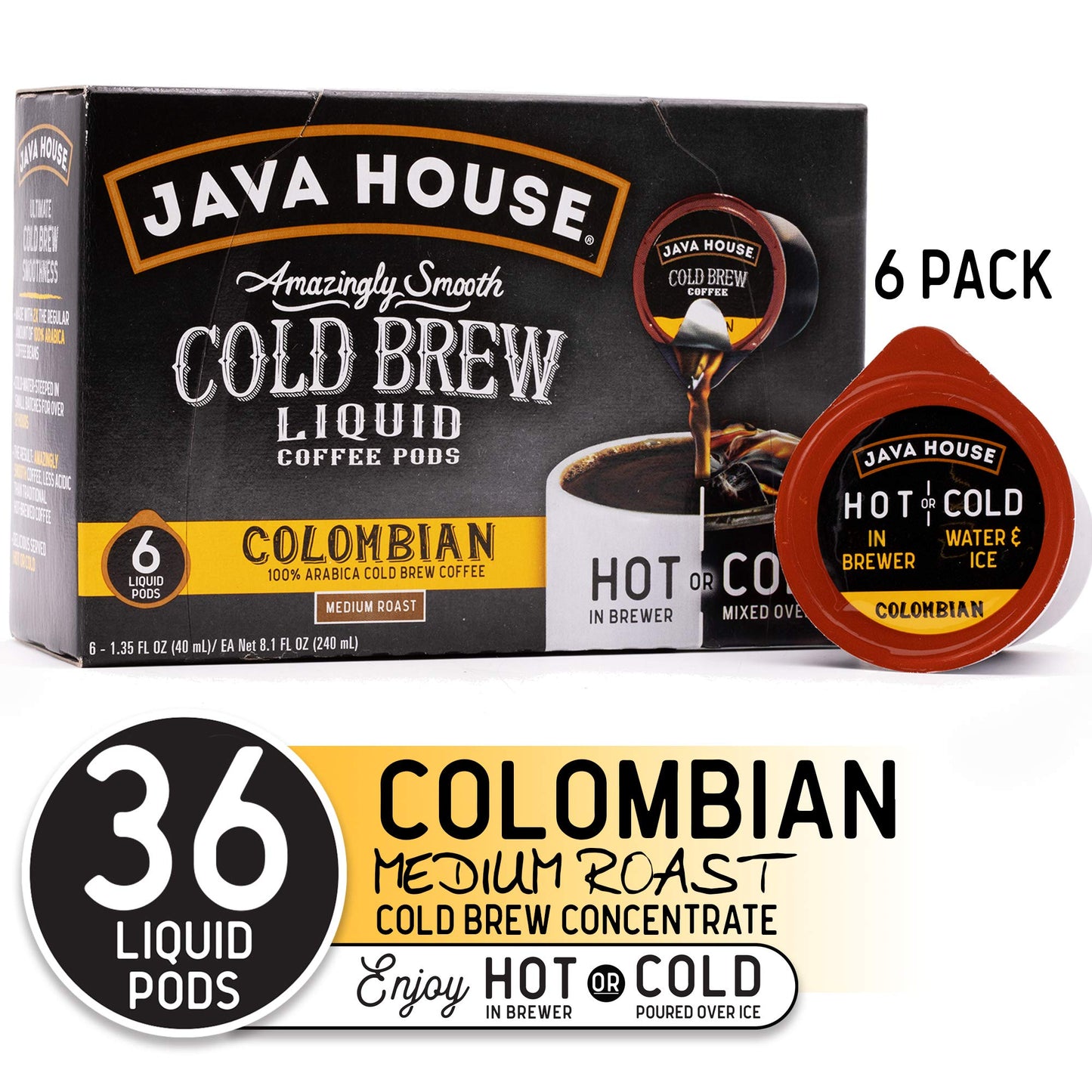 Java House Cold Brew Coffee, Colombian Medium Roast Coffee Concentrate Liquid Pods, Enjoy Hot Or Iced, 1.35 Fluid Ounces (Pack O