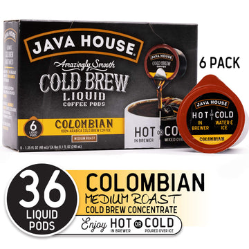 Java House Cold Brew Coffee, Colombian Medium Roast Coffee Concentrate Liquid Pods, Enjoy Hot Or Iced, 1.35 Fluid Ounces (Pack O