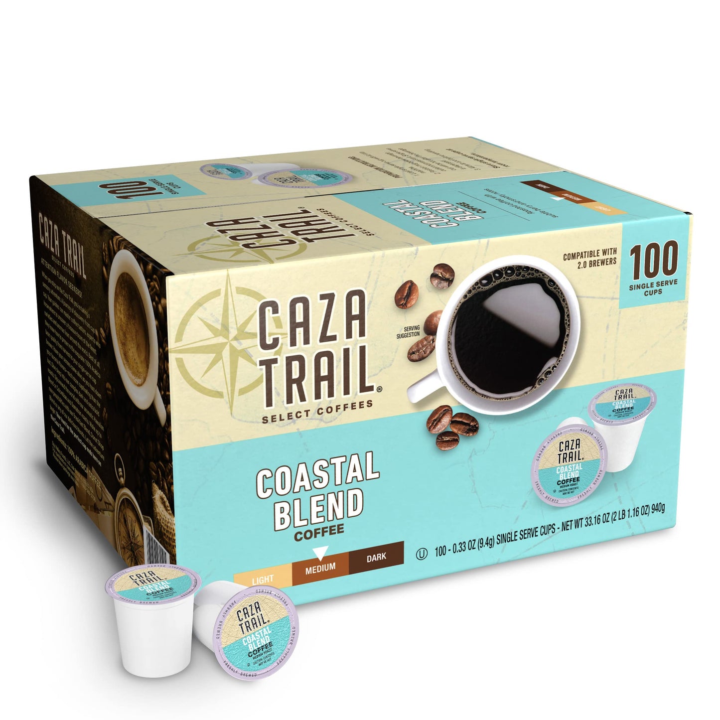 Caza Trail Coffee Pods  Coastal Blend  Single Serve (Pack of 100) (Packaging May Vary)