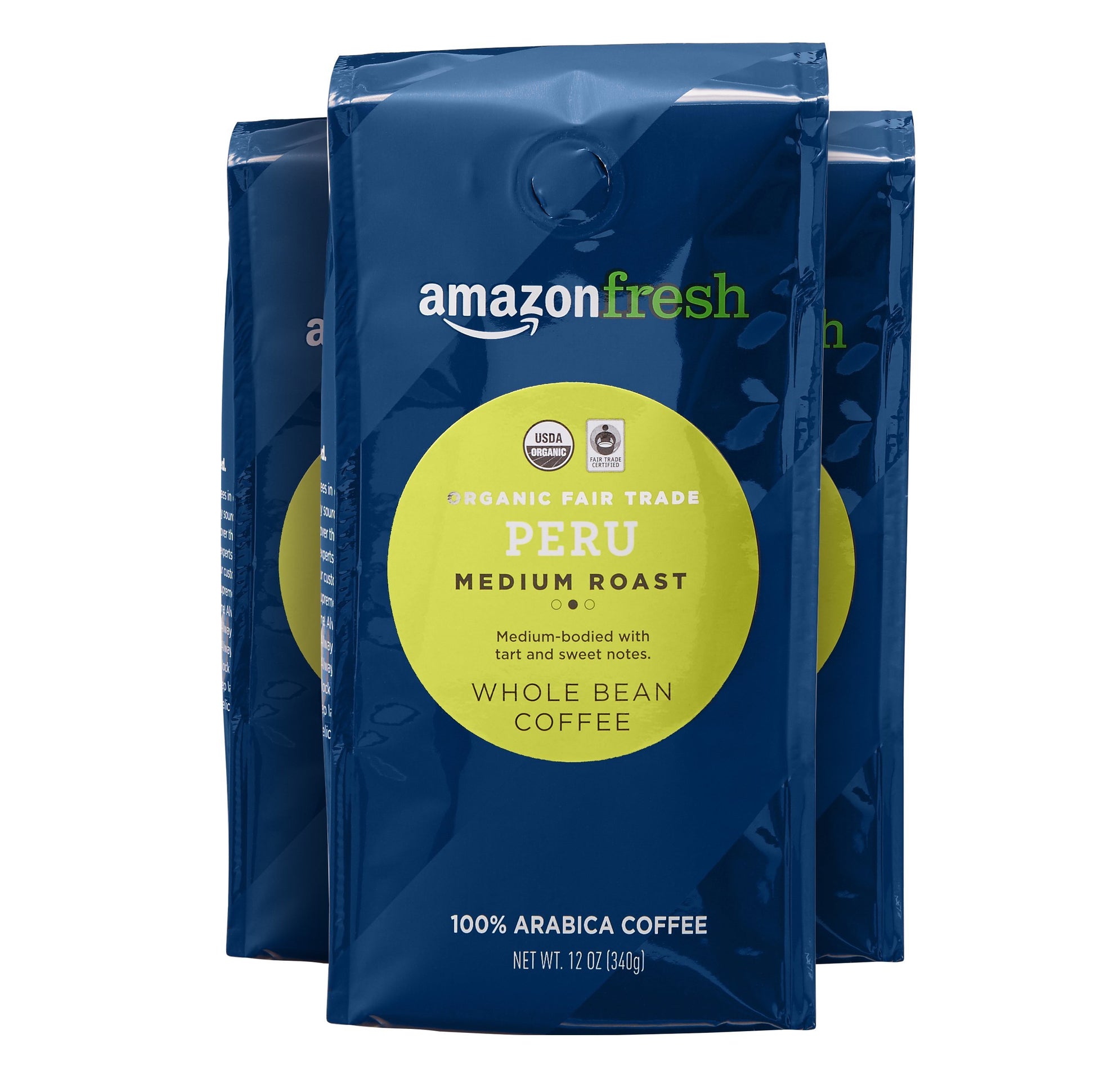 Amazon Fresh Organic Fair Trade Whole Bean Coffee, Medium Roast, 12 Ounce (Pack of 3)