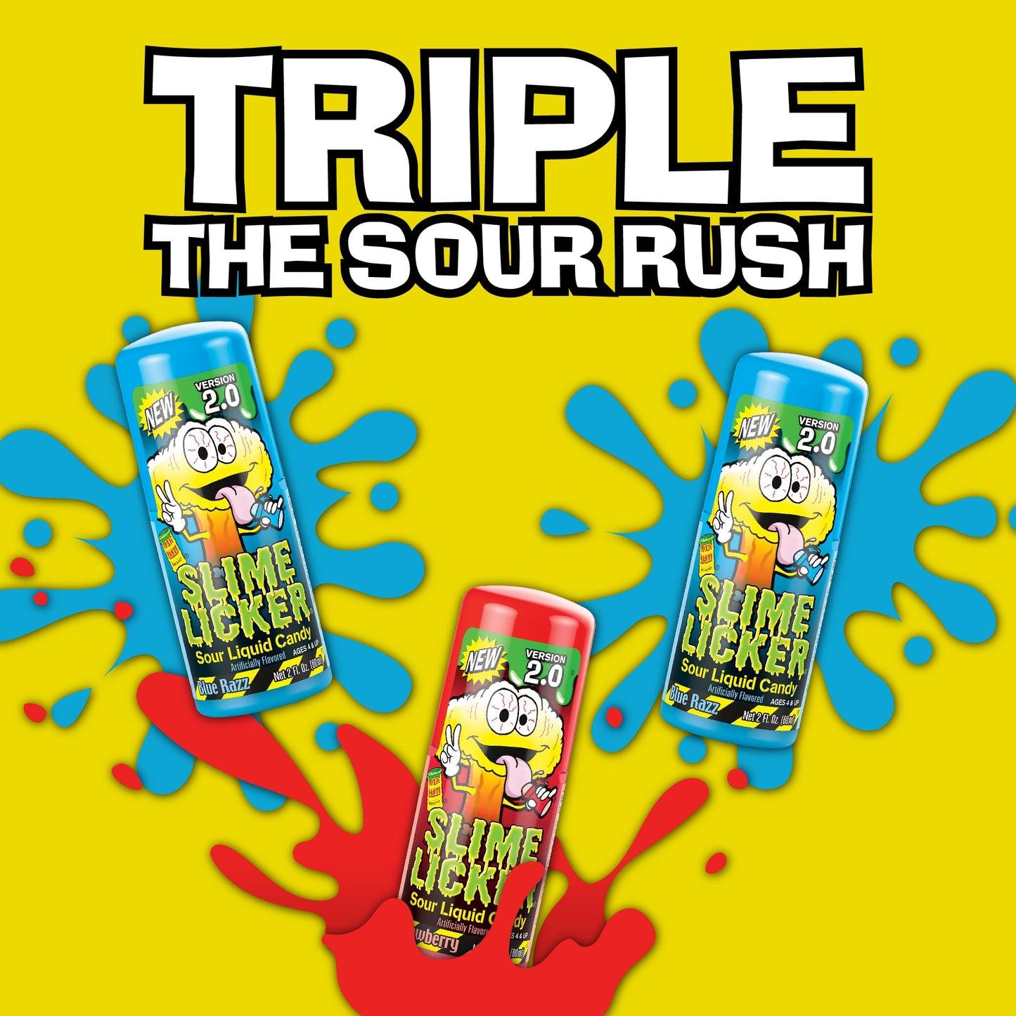 Toxic Waste - Slime Licker 2.0 - Sour Liquid Candy - Flavors: 1 Strawberry & 2 Blue Razz - 2 Oz. Bottles - 3 Pack