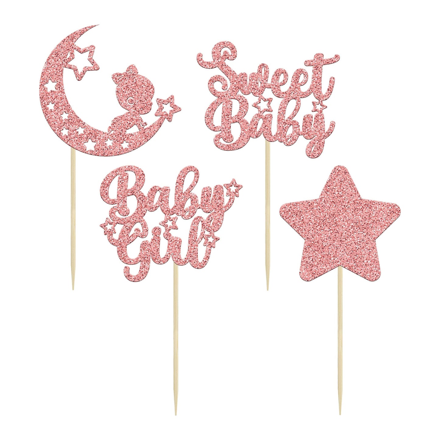 Gyufise 24Pcs Rose Gold Baby Girl Cupcake Toppers Glitter Star Moon Baby Shower Gender Reveal Cupcake Picks Baby Shower Kids Gir