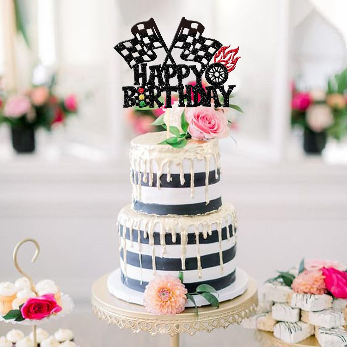 1 Pcs Race Car Happy Birthday Cake Topper Glitter Traffic Light Trophy Flag Wheel Racing Car Cake Pick For Let'S Go Racing Theme