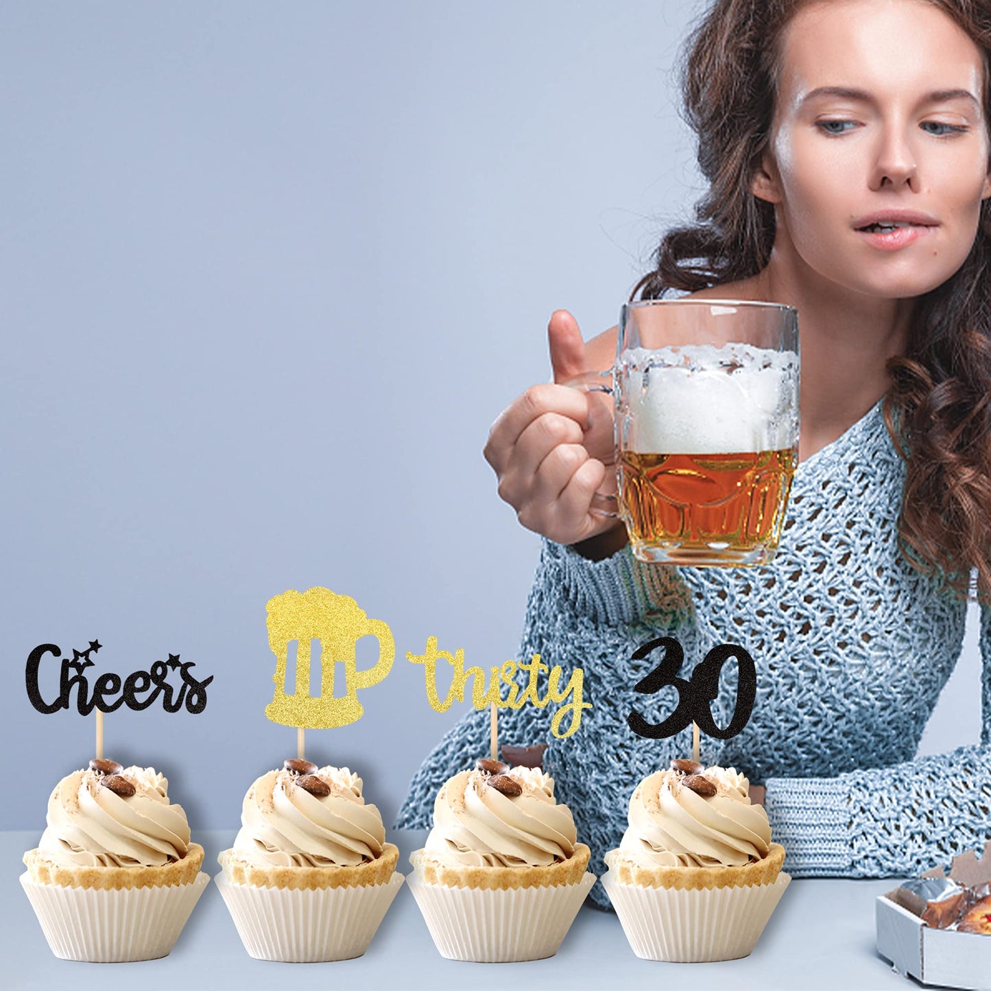 ZHUOWEISM 36 PCS Cupcake Toppers Glitter malt-inspired Mug 30th Birthday Decorations Small Gold+White