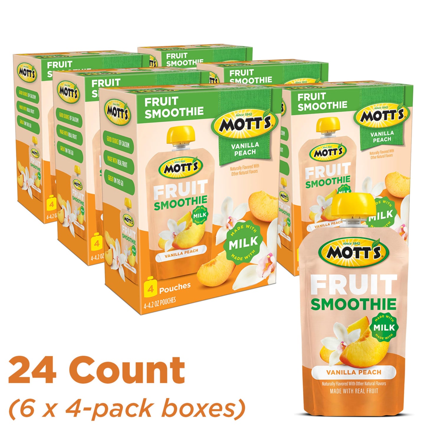 Motts Fruit Smoothies Vanilla Peach, 4.2 oz clear pouches, 24 Count (6 Packs of 4), Made With Milk, Made With Real Fruit, Good S