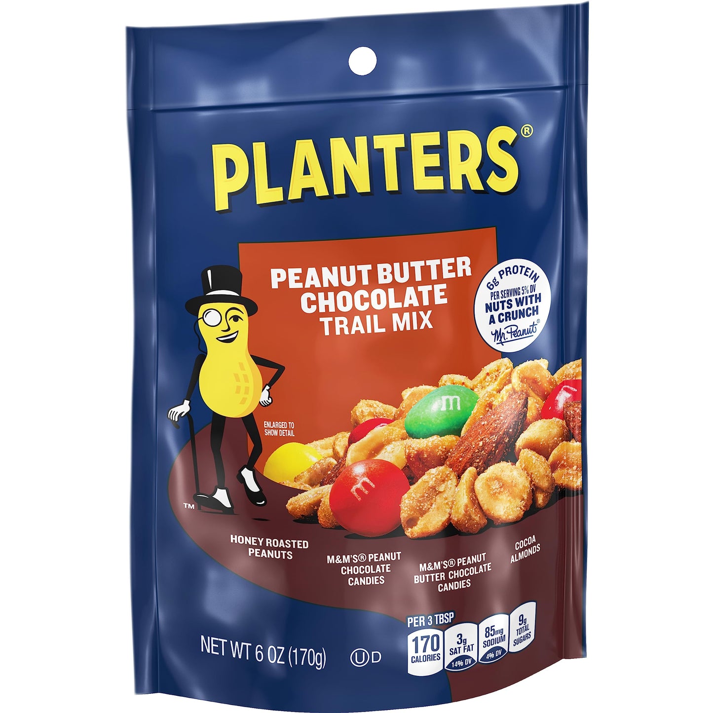 Planters Peanut Butter Chocolate Trail Mix, 12 Pack, 6 oz Bags, with Honey Peanuts, M&M Candies, Cocoa Almonds