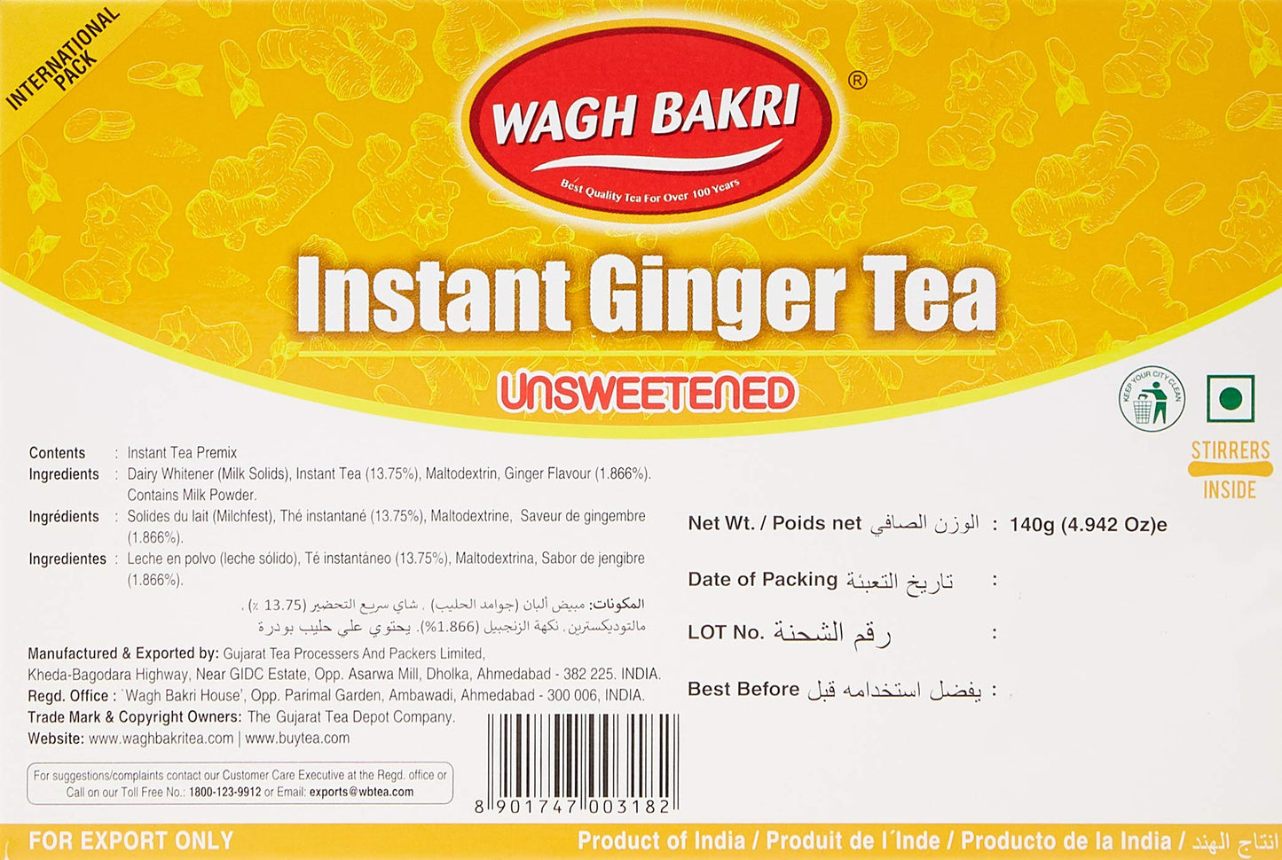 Wagh Bakri Instant Ginger Tea | Unsweetened No Added Sugar | 140G 10 Sachets (4.94 Oz)
