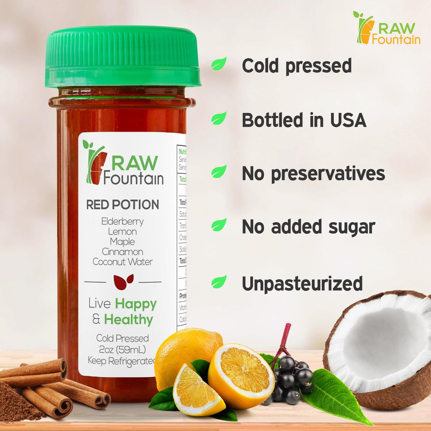 Raw Fountain Immunity Shots with Elderberry, Lemon, Maple, Cinnamon, 2 Fl Oz, Pack of 20, All Natural, No Artificial Flavors or Preservatives