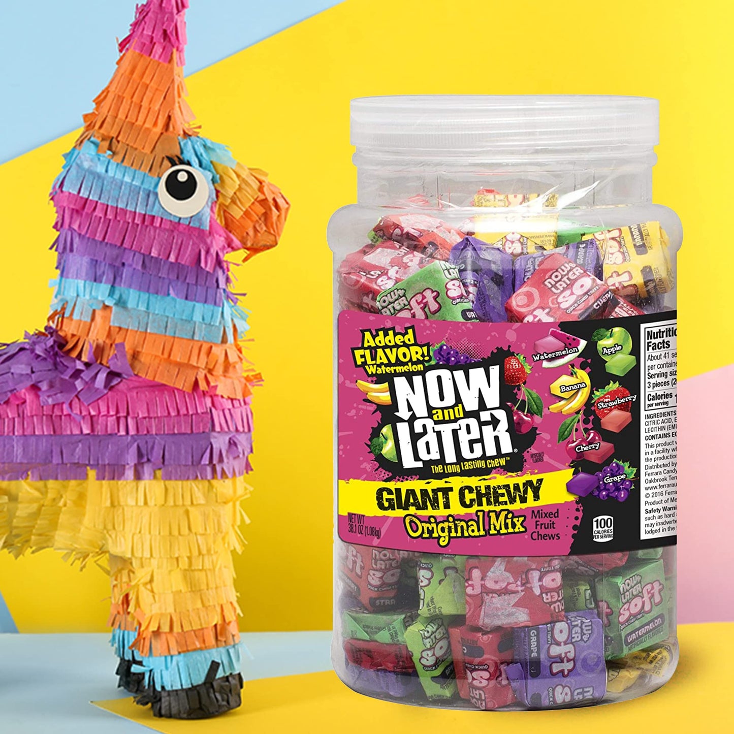 Now And Later Giant Chewy Original Mix Candy, Mixed Fruit Chew Candy, 38 Ounce Tub
