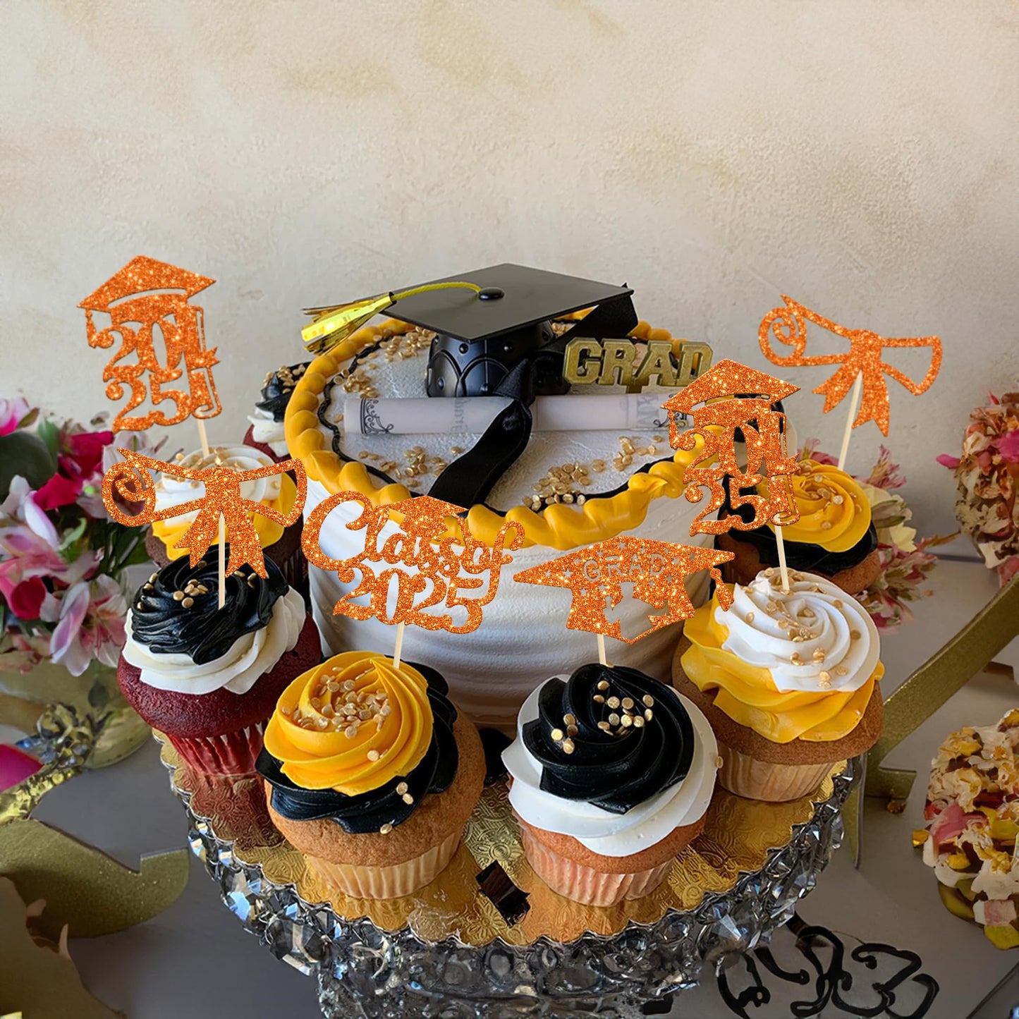 Gyufise 24Pcs 2025 Graduation Cupcake Toppers Orange Glitter Congrats Class Of 2025 Diploma Grad Cap Cupcake Picks Decoratiosn For 2025 Graduation Theme Party Supplies