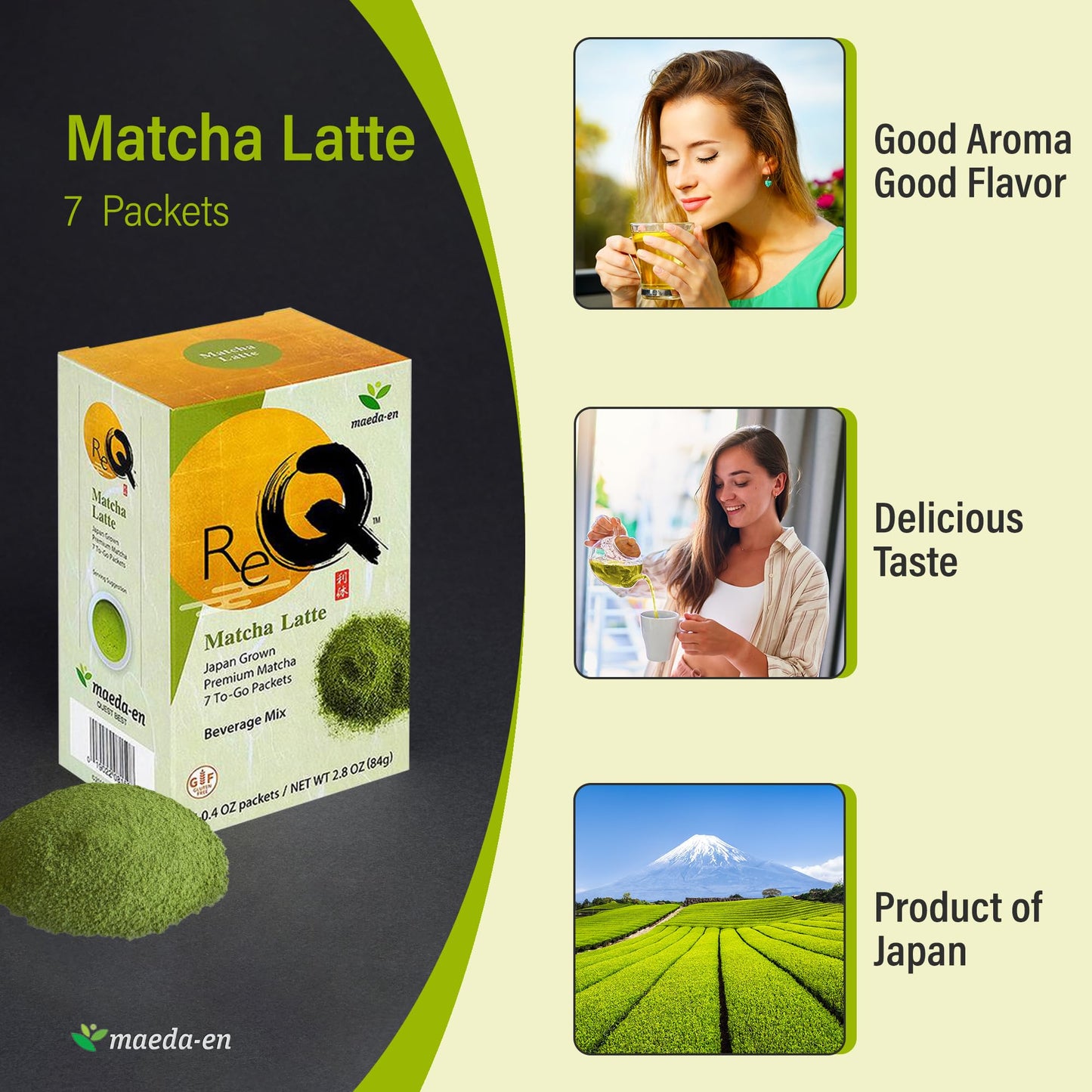 Maeda-En Re-Q Matcha Latte Green Tea Powder 7 Packets Japanese Origin Hot Or Iced Drink Creamy Flavor Individually Wrapped 08150