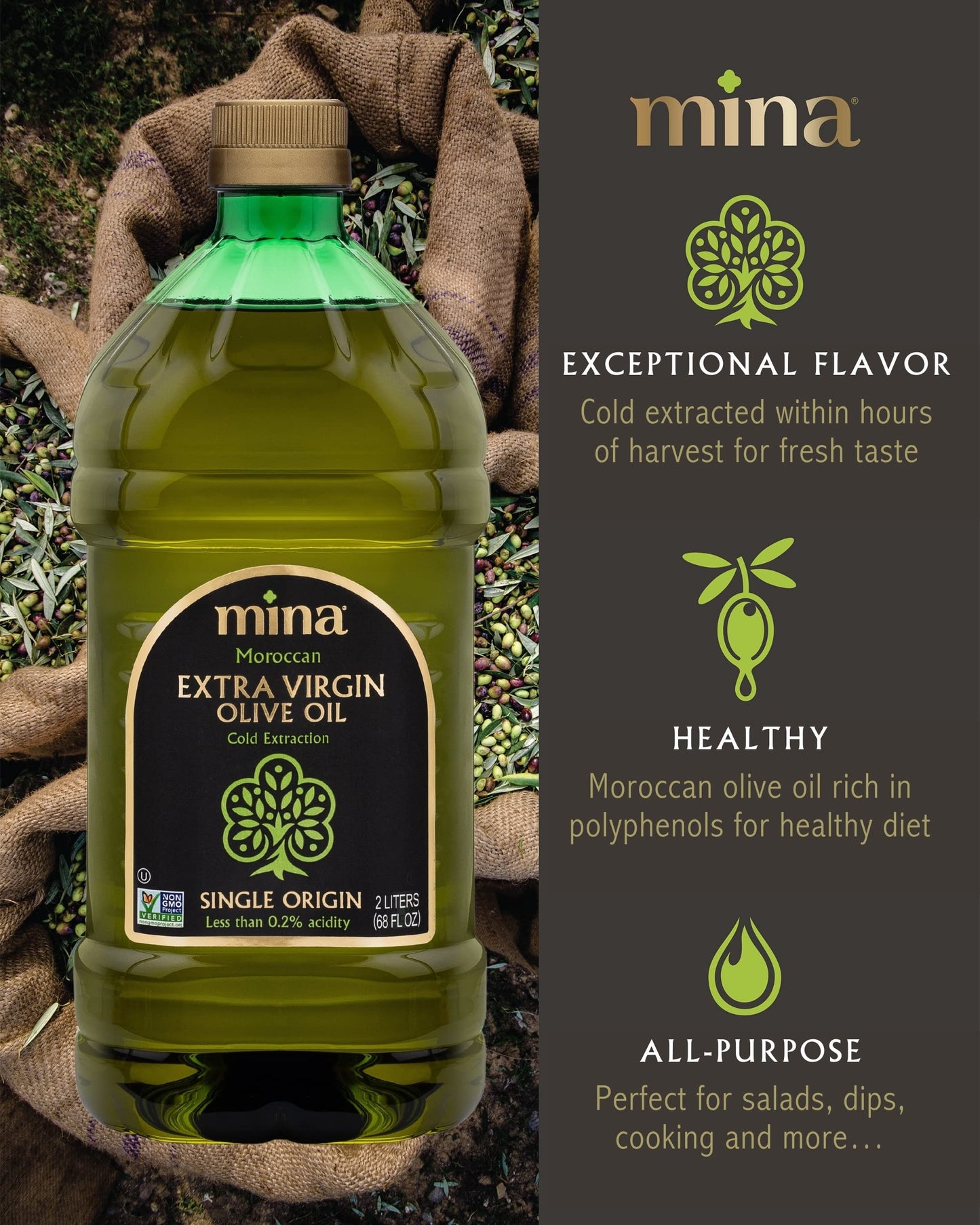 Mina Extra Virgin Olive Oil, Cold Extraction, Polyphenol Rich, 68 Fl Oz, Single Origin, Less than 0.2% Acidity
