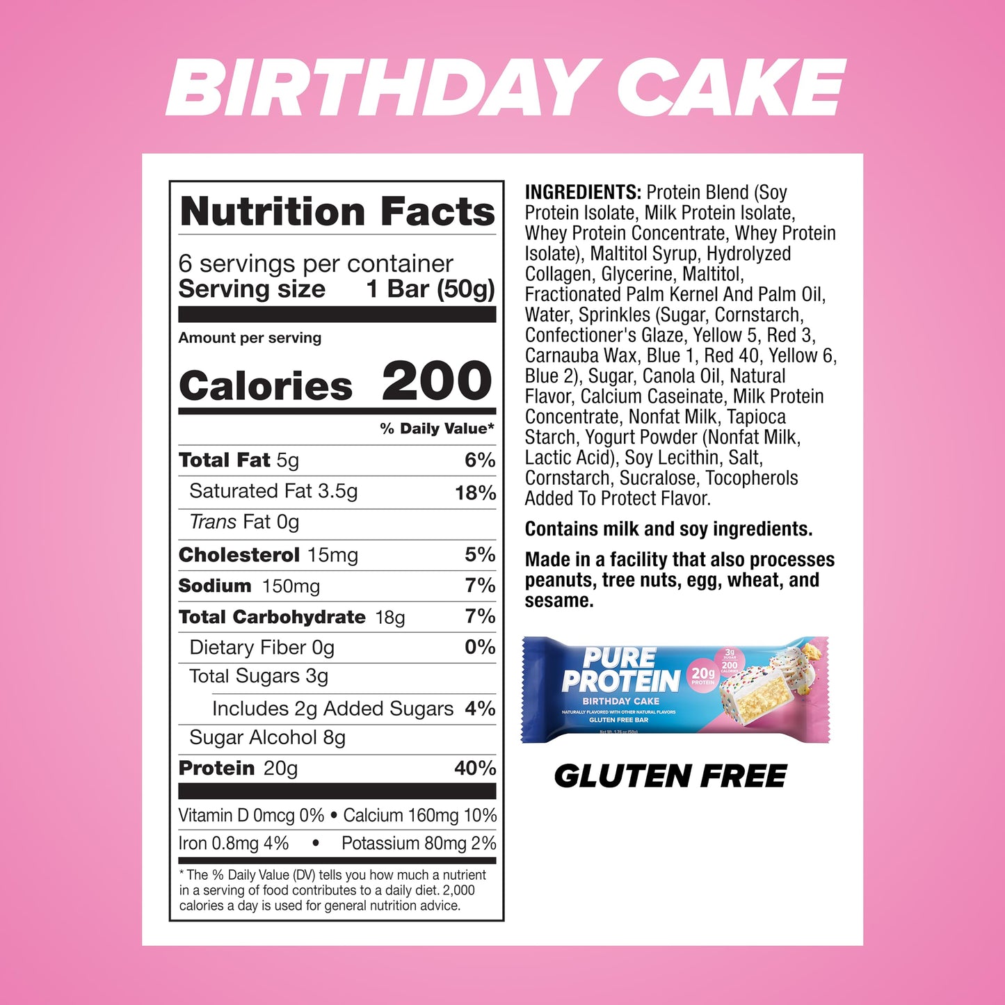 Pure Protein Bars, High Protein, Nutritious Snacks To Support Energy, Low Sugar, Gluten Free, Birthday Cake, 1.76 Ounce (Pack Of 6)