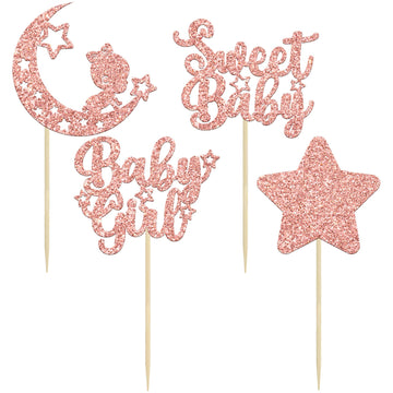 Gyufise 24Pcs Rose Gold Baby Girl Cupcake Toppers Glitter Star Moon Baby Shower Gender Reveal Cupcake Picks Baby Shower Kids Gir