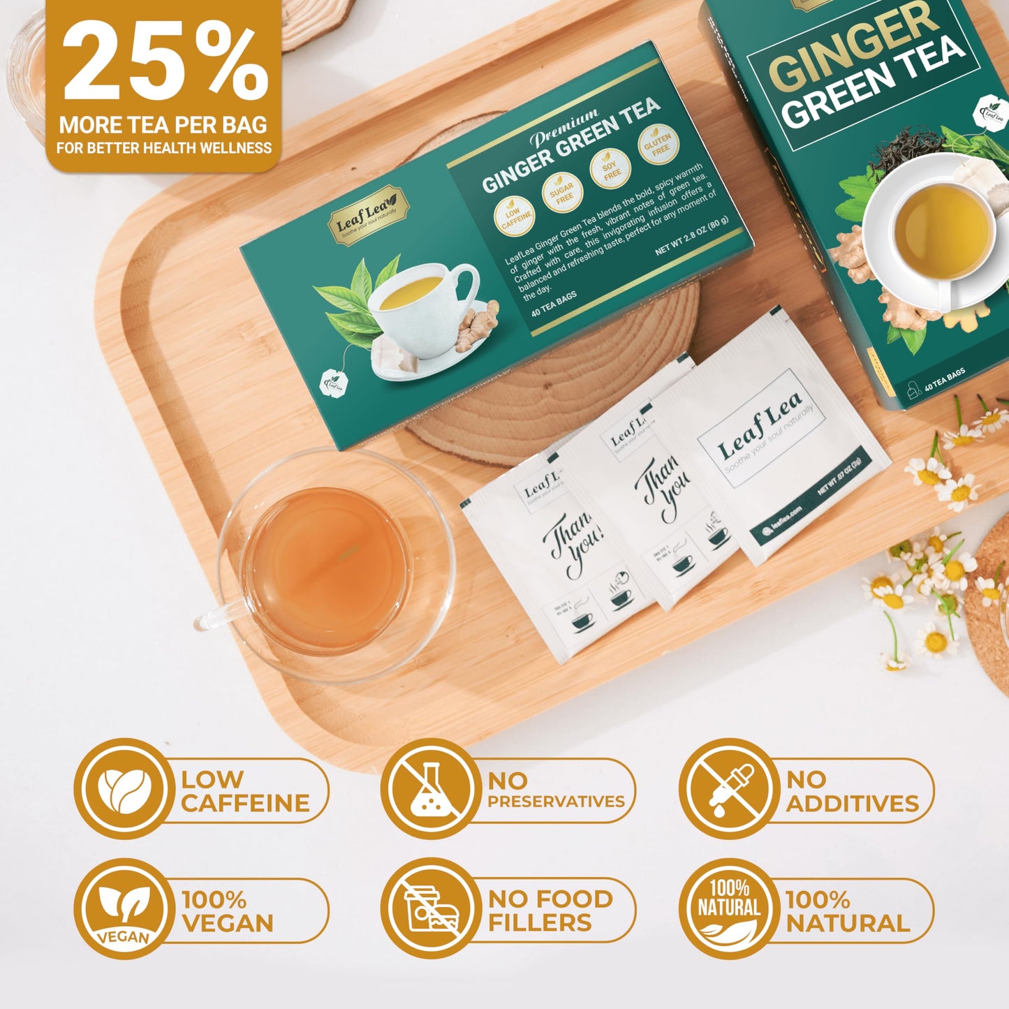 LeafLea Ginger Green Tea, 40 Individually Wrapped Bags, Soothing Green Tea Blend, Low Caffeine, Sugar-Free