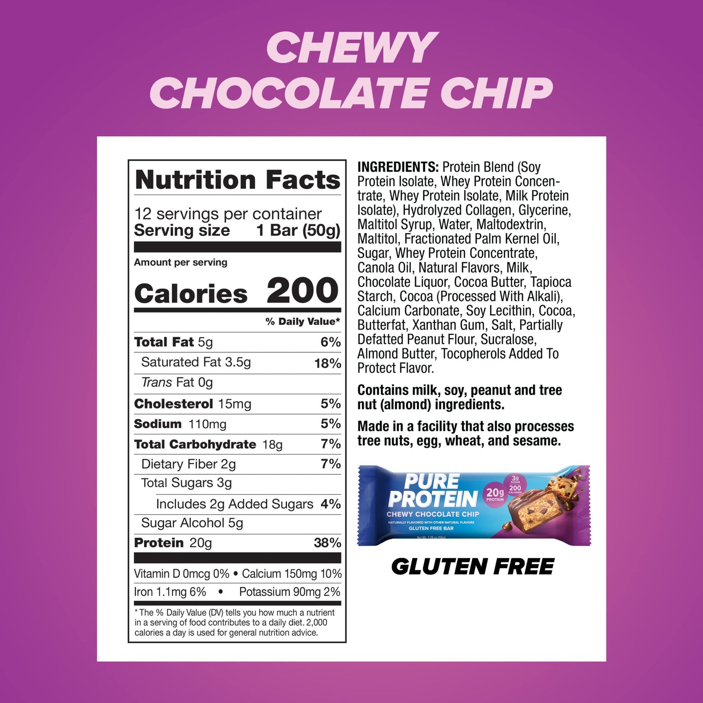 Pure Protein Bars, High Protein, Nutritious Snacks To Support Energy, Low Sugar, Gluten Free, Chewy Chocolate Chip, 1.76Oz (Pack Of 12), Packaging May Vary