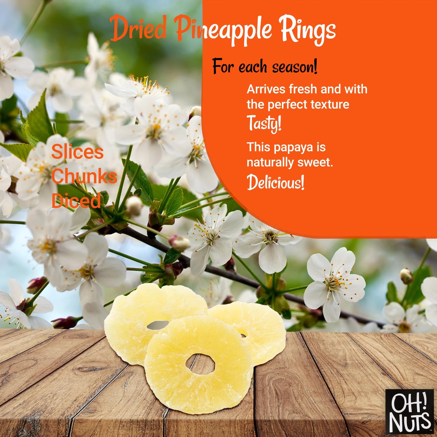 Oh! Nuts Dried Pineapple - 1 Lb - Dried Fruit Rings - Organic Sweet - Dehydrated Fruit Bites - Packed In New York Zip-Seal Bag F