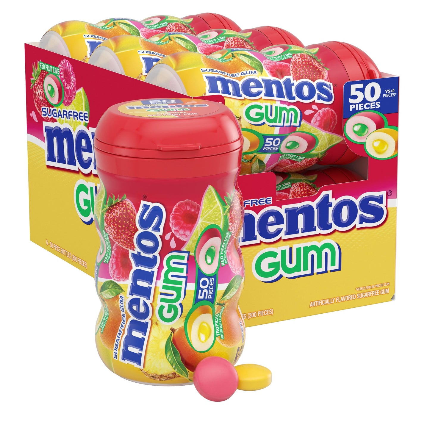 Mentos Sugar-Free Chewing Gum, Tropical, Red Fruit And Lime, Bulk, 50 Piece Bottle (Pack Of 6)