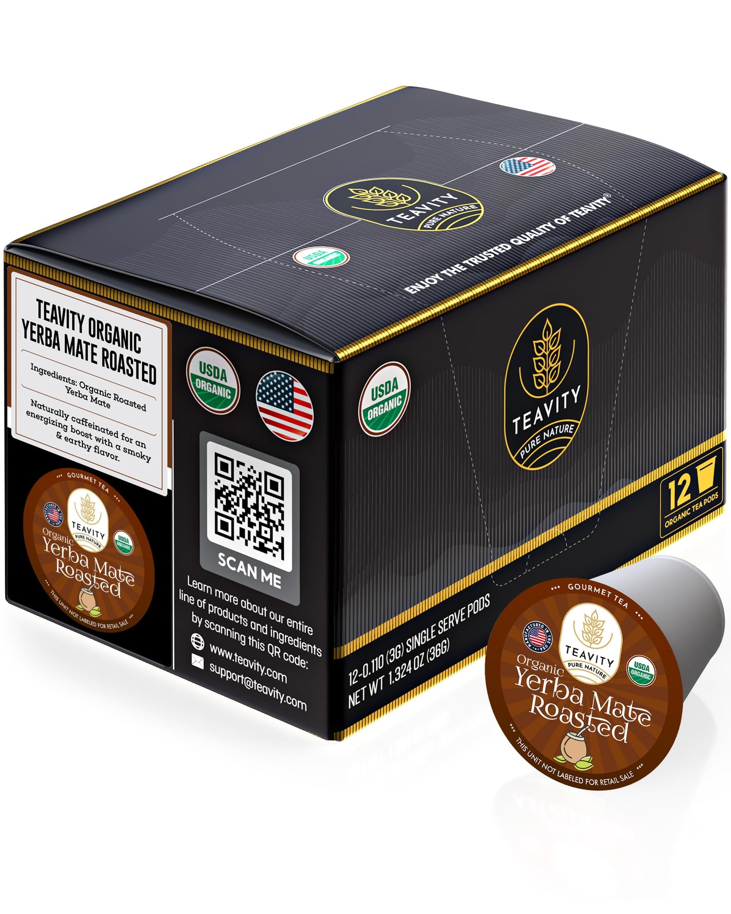 Teavity Organic Yerba Roasted Mate Tea Pods for Keurig, 12 Count, Pack of 1