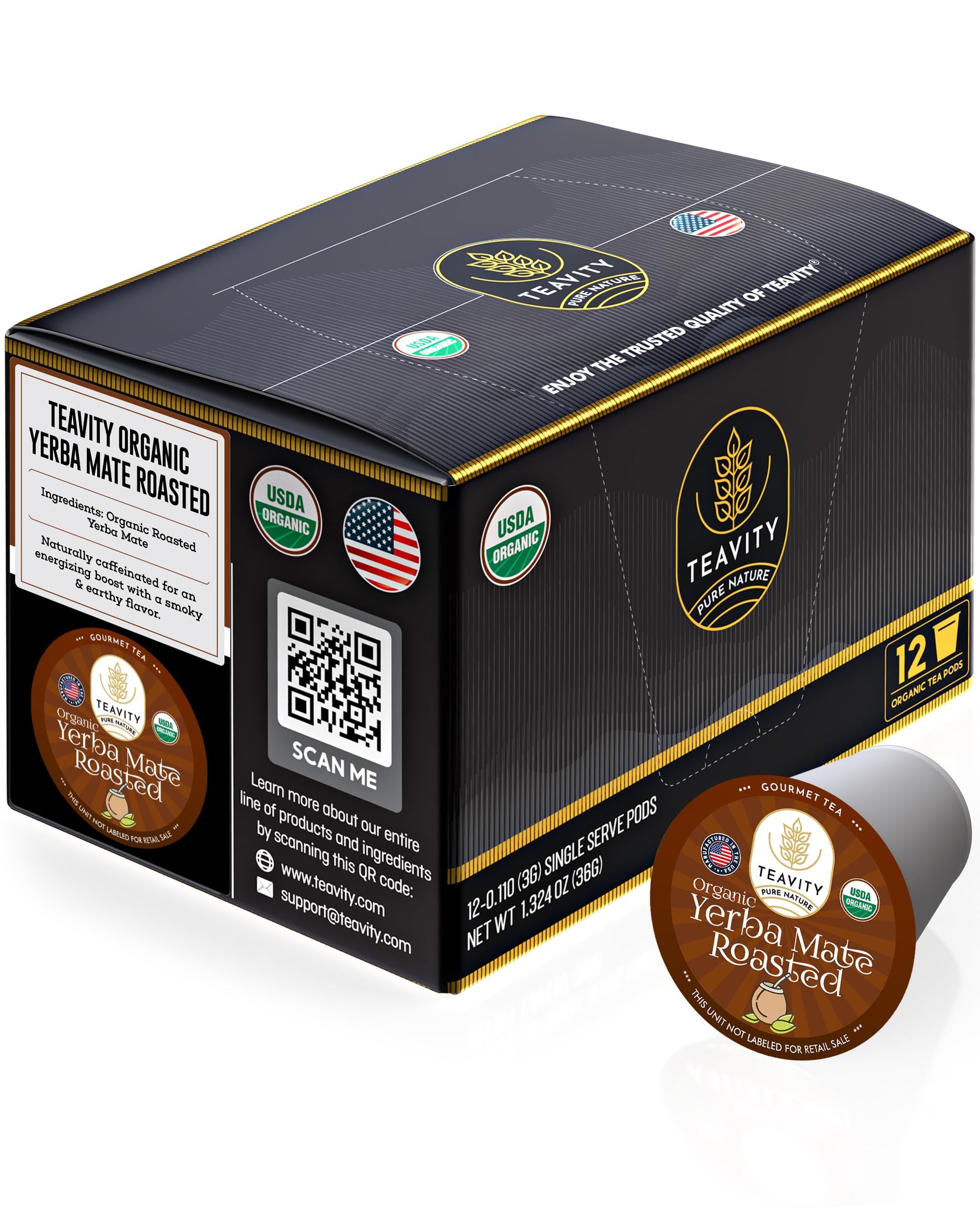 Teavity Organic Yerba Roasted Mate Tea Pods for Keurig, 12 Count, Pack of 1